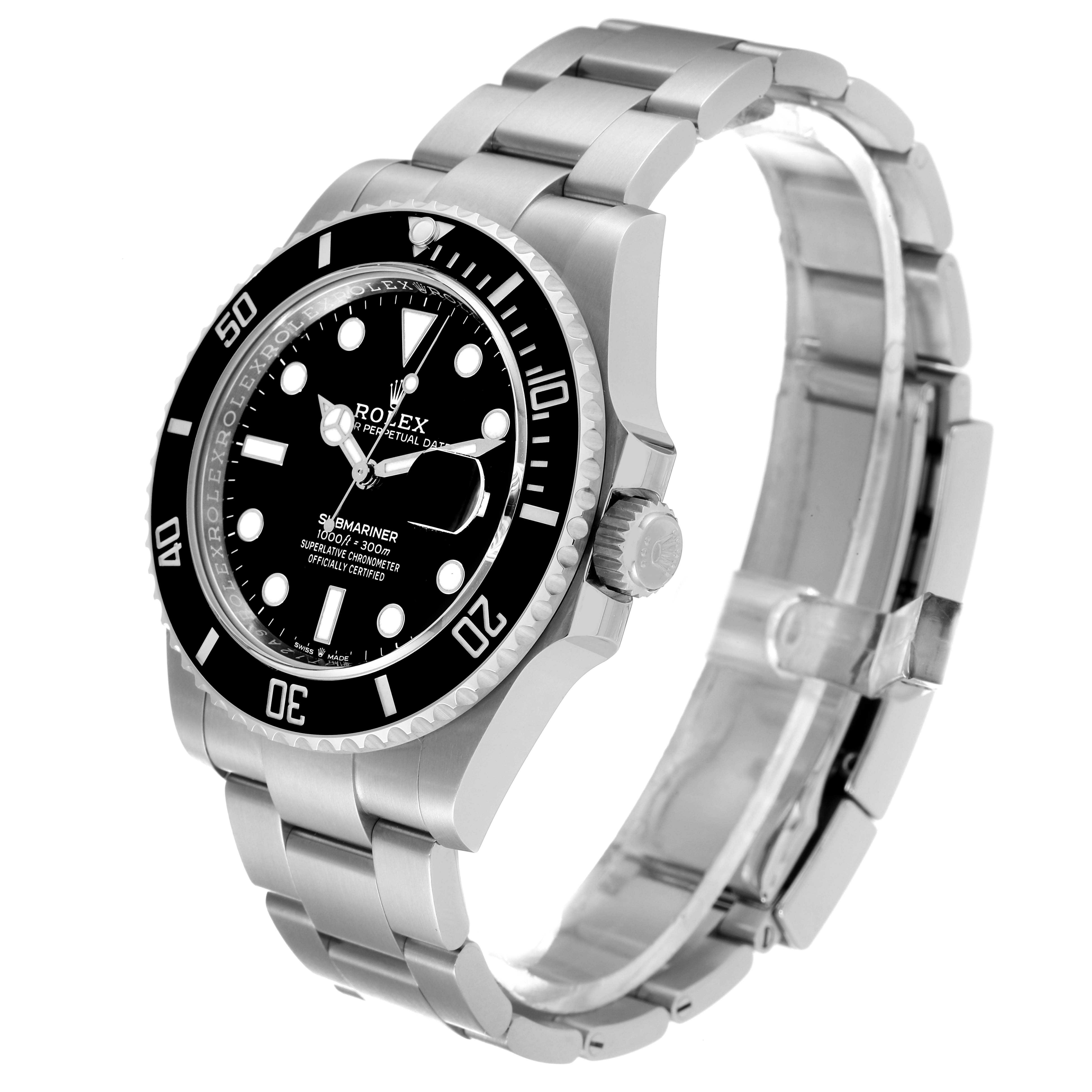 The image shows a Rolex Submariner 126610 Men
s Stainless Steel Black Dial 126610 Men
s Stainless Steel Black Dial watch at an angle, highlighting the face, bezel, case, and stainless steel bracelet.