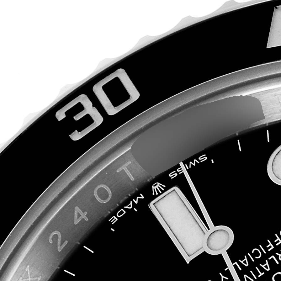 This close-up shows the bezel
s 30-minute marker and part of the dial area of the Rolex Submariner 126610 Men
s Stainless Steel Black Dial 126610 Men
s Stainless Steel Black Dial watch.
