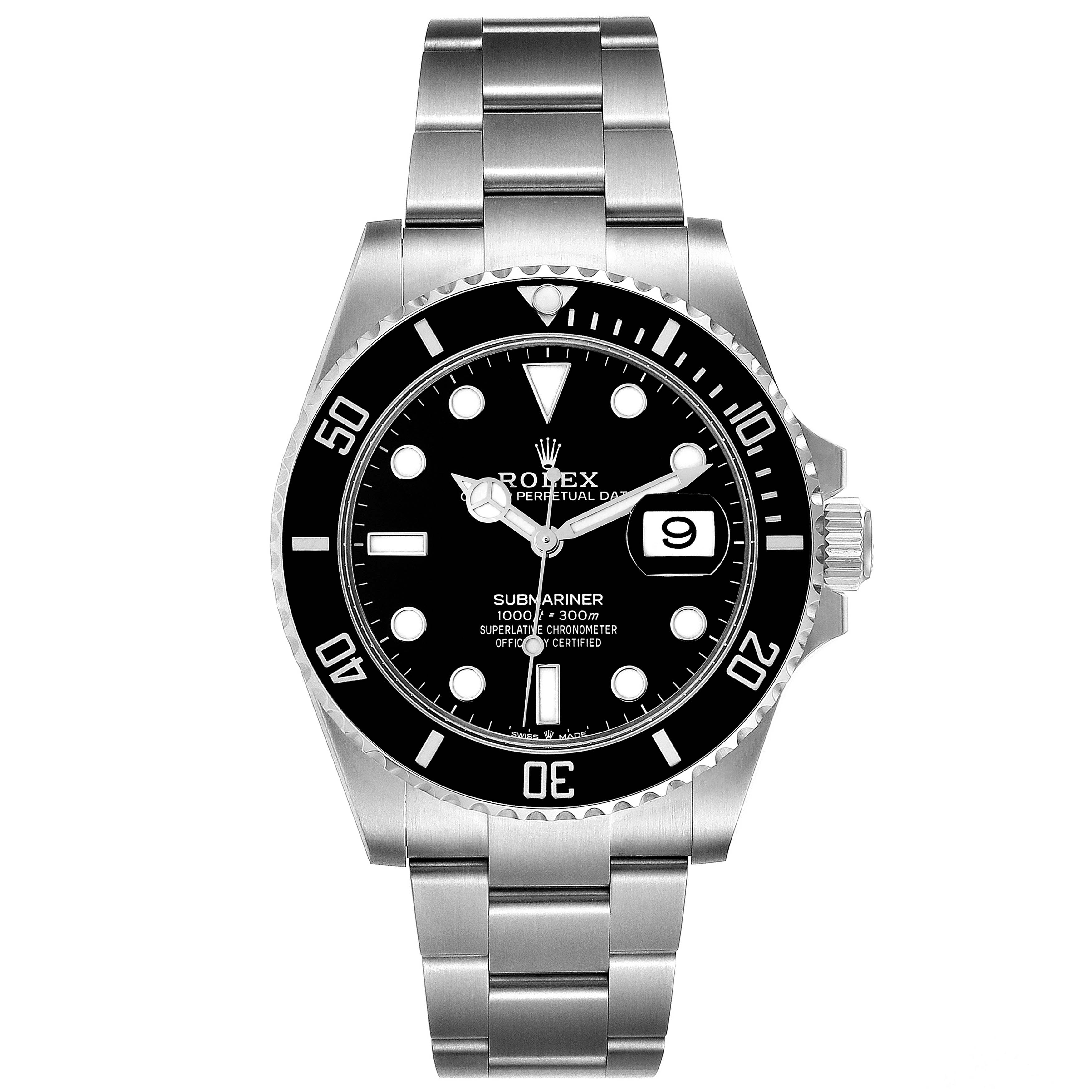 The image shows a frontal view of a Rolex Submariner 126610 Men
s Stainless Steel Black Dial 126610 Men
s Stainless Steel Black Dial watch, displaying its dial, bezel, and bracelet.