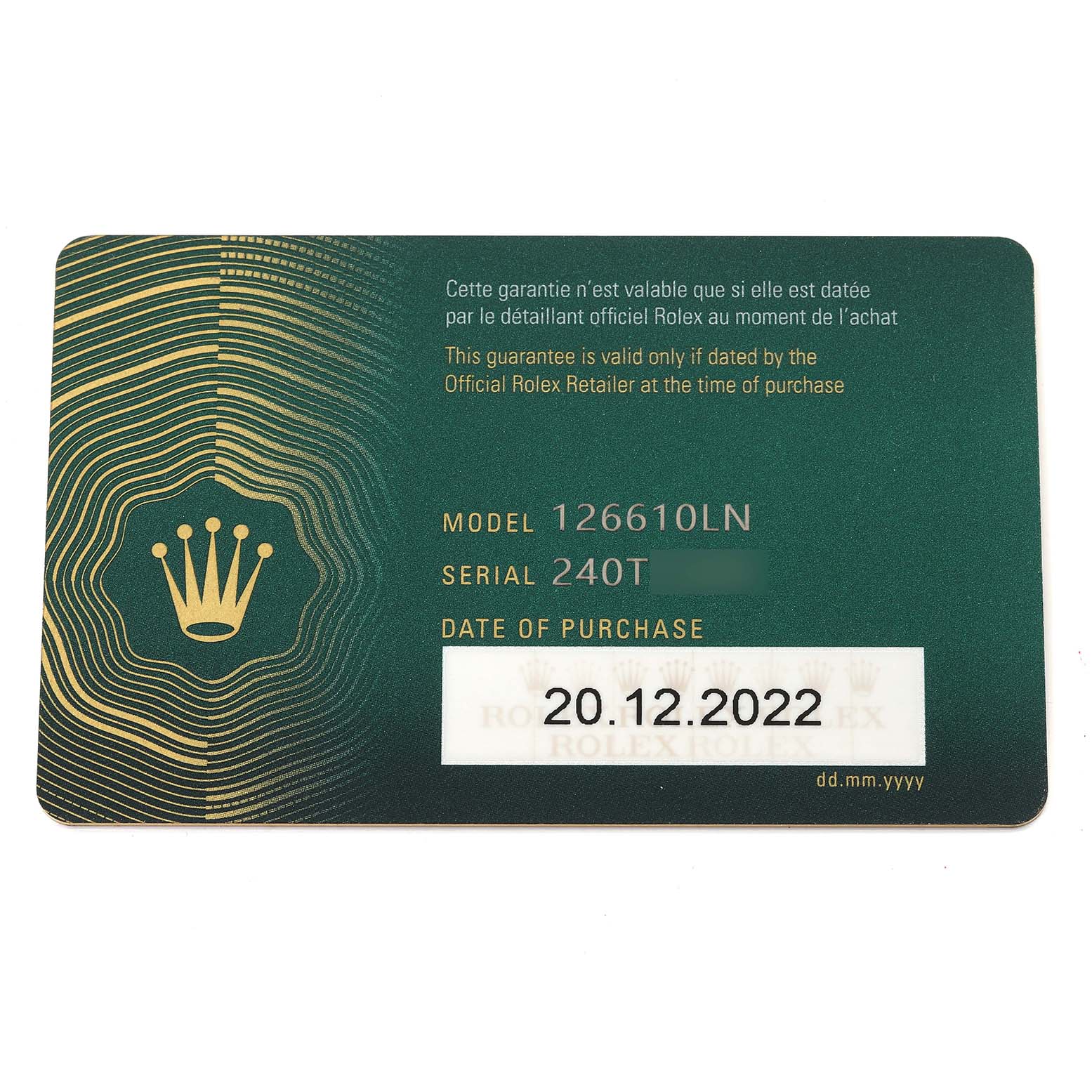 The image shows a close-up of a warranty card for the Rolex Submariner 126610 Men
s Stainless Steel Black Dial 126610 Men
s Stainless Steel Black Dial model 126610LN.