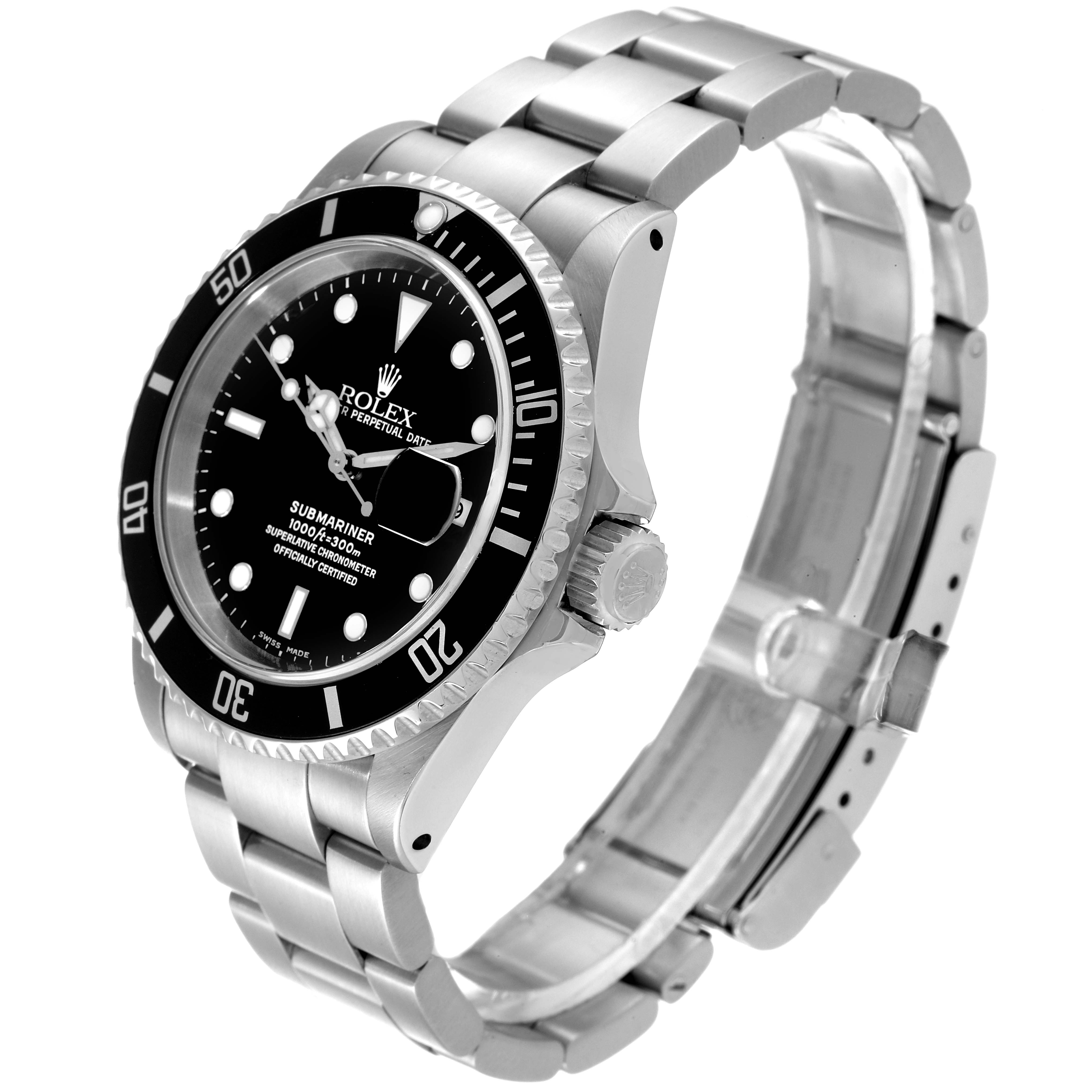 The image shows a Rolex Submariner 16610 Men
s Stainless Steel Black Dial 16610 Men
s Stainless Steel Black Dial watch at a three-quarter angle, highlighting the bezel, dial, crown, and bracelet.