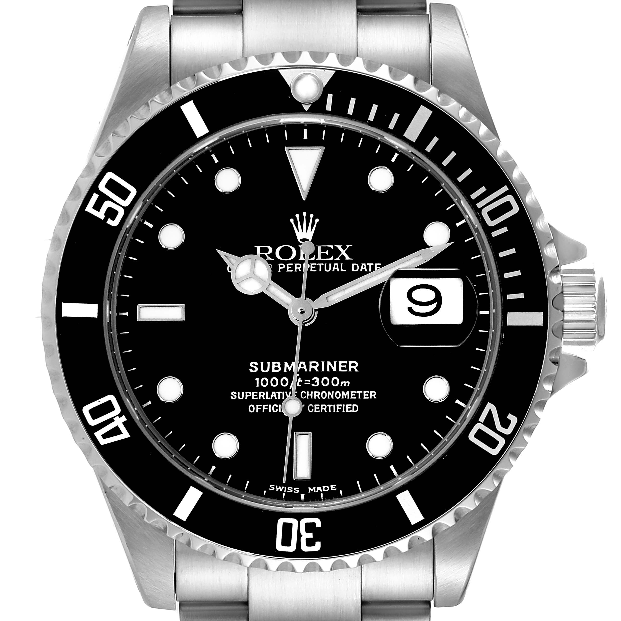 A front view of a Rolex Submariner 16610 Men
s Stainless Steel Black Dial 16610 Men
s Stainless Steel Black Dial watch, showing the face, bezel, and part of the stainless steel bracelet and crown.