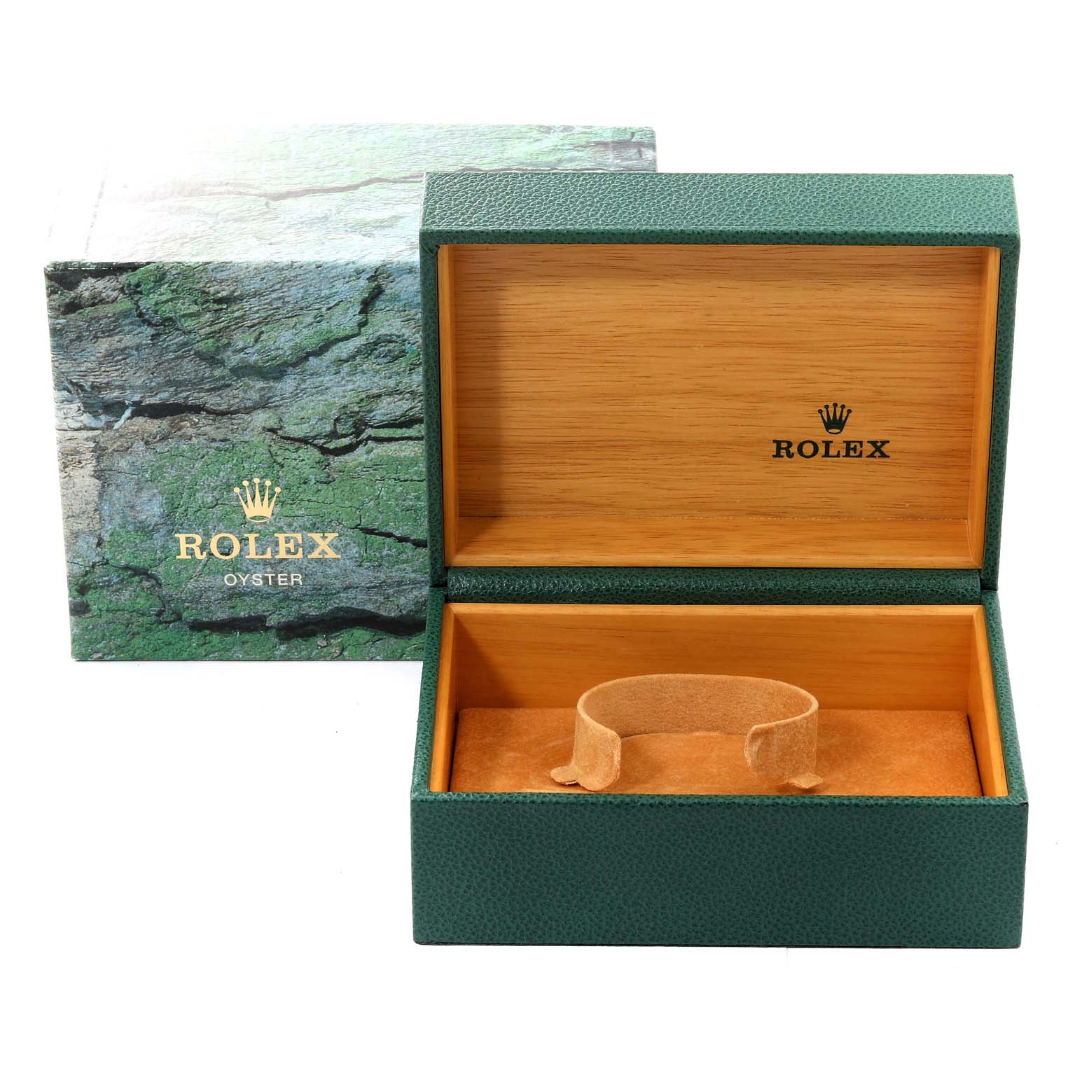 The image shows an open Rolex Submariner 16610 Men
s Stainless Steel Black Dial 16610 Men
s Stainless Steel Black Dial watch box and its green and wood case with the Rolex logo, along with its outer packaging.