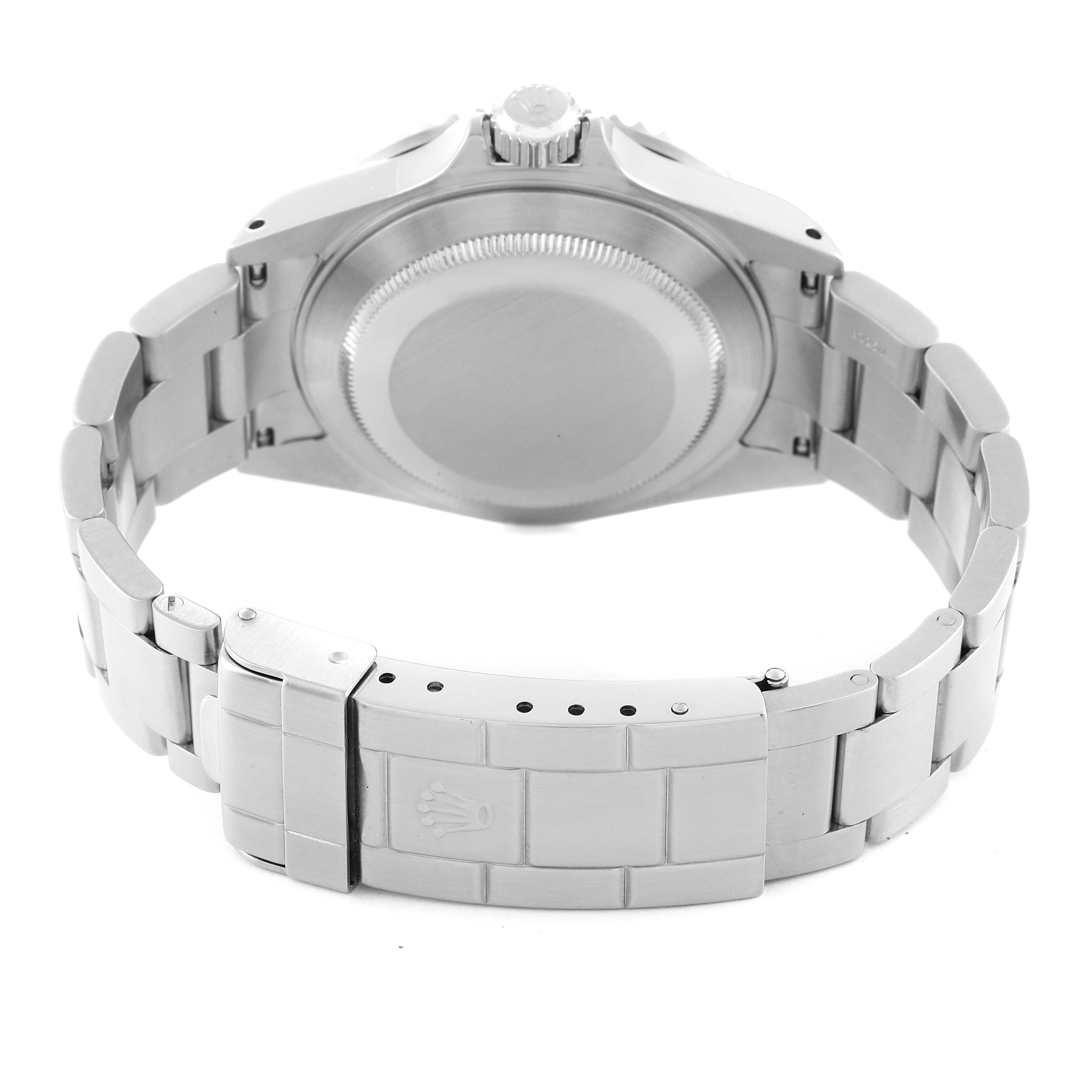 The image shows the back case and bracelet of a Rolex Submariner 16610 Men
s Stainless Steel Black Dial 16610 Men
s Stainless Steel Black Dial watch from a rear angle.