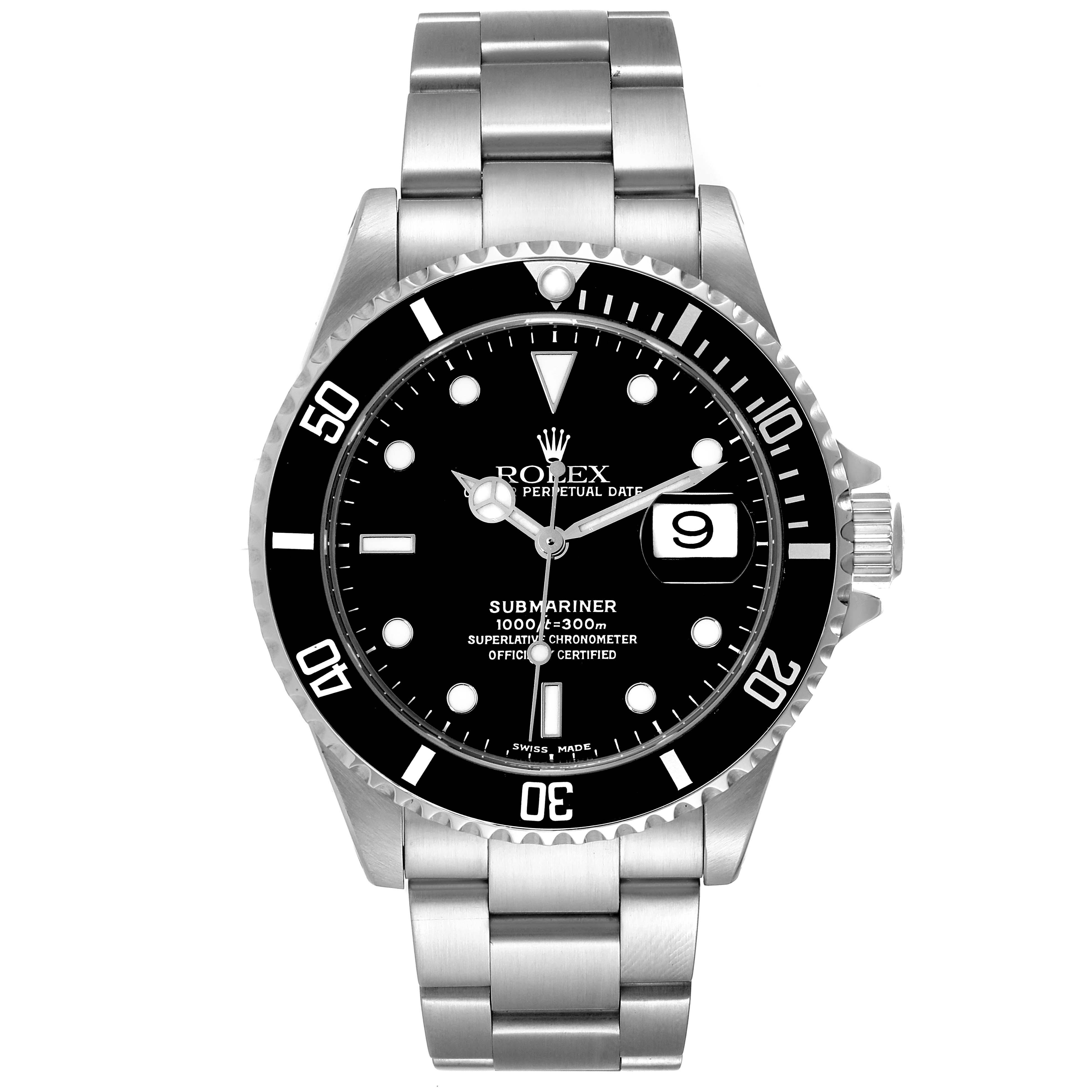 The Rolex Submariner 16610 Men
s Stainless Steel Black Dial 16610 Men
s Stainless Steel Black Dial watch is shown from the front, displaying its face, bezel, and full bracelet.