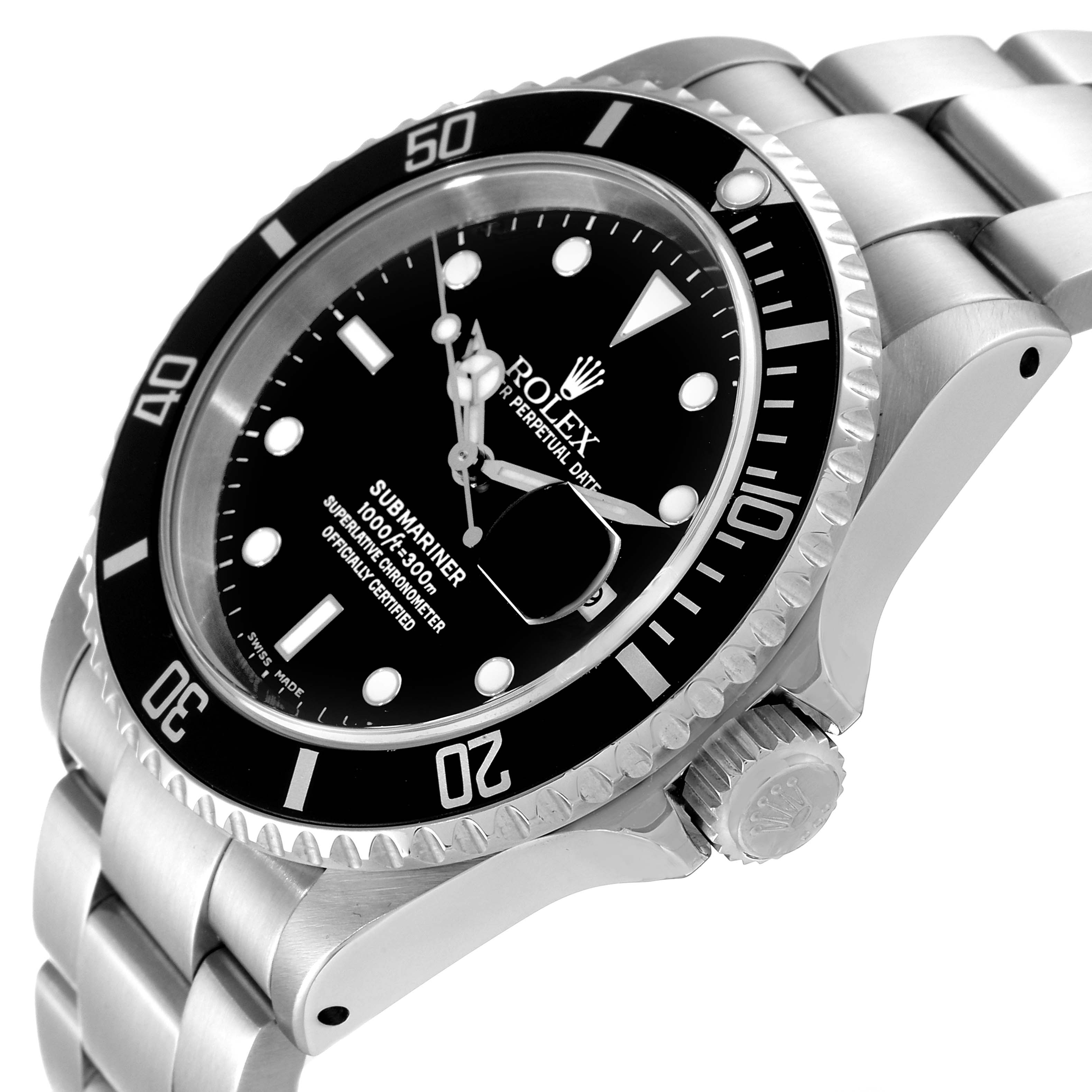 The image shows a Rolex Submariner 16610 Men
s Stainless Steel Black Dial 16610 Men
s Stainless Steel Black Dial watch at an angle highlighting its bezel, dial, and bracelet.