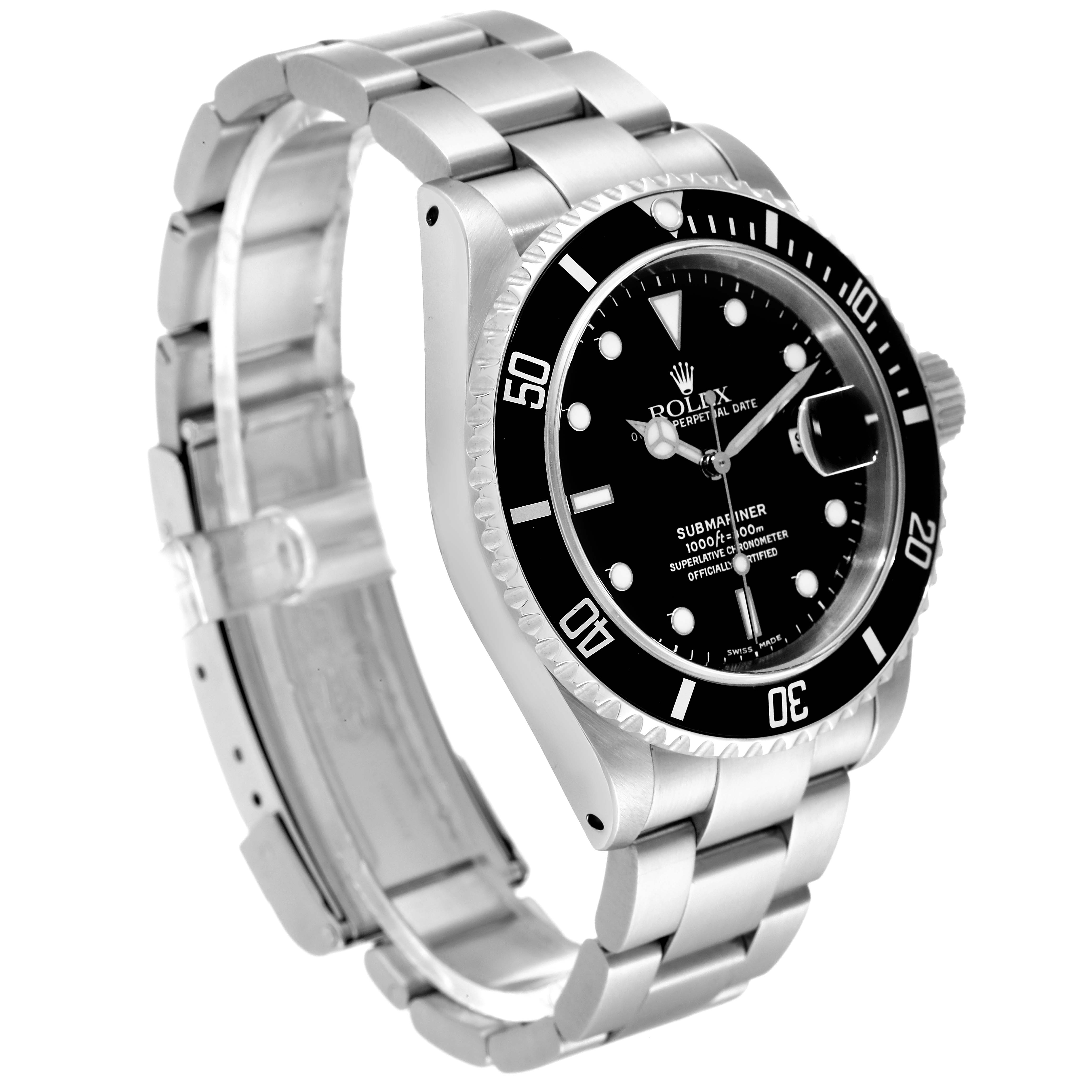 This image shows a side angle of a Rolex Submariner 16610 Men
s Stainless Steel Black Dial 16610 Men
s Stainless Steel Black Dial watch, displaying the bracelet, bezel, dial, and crown.