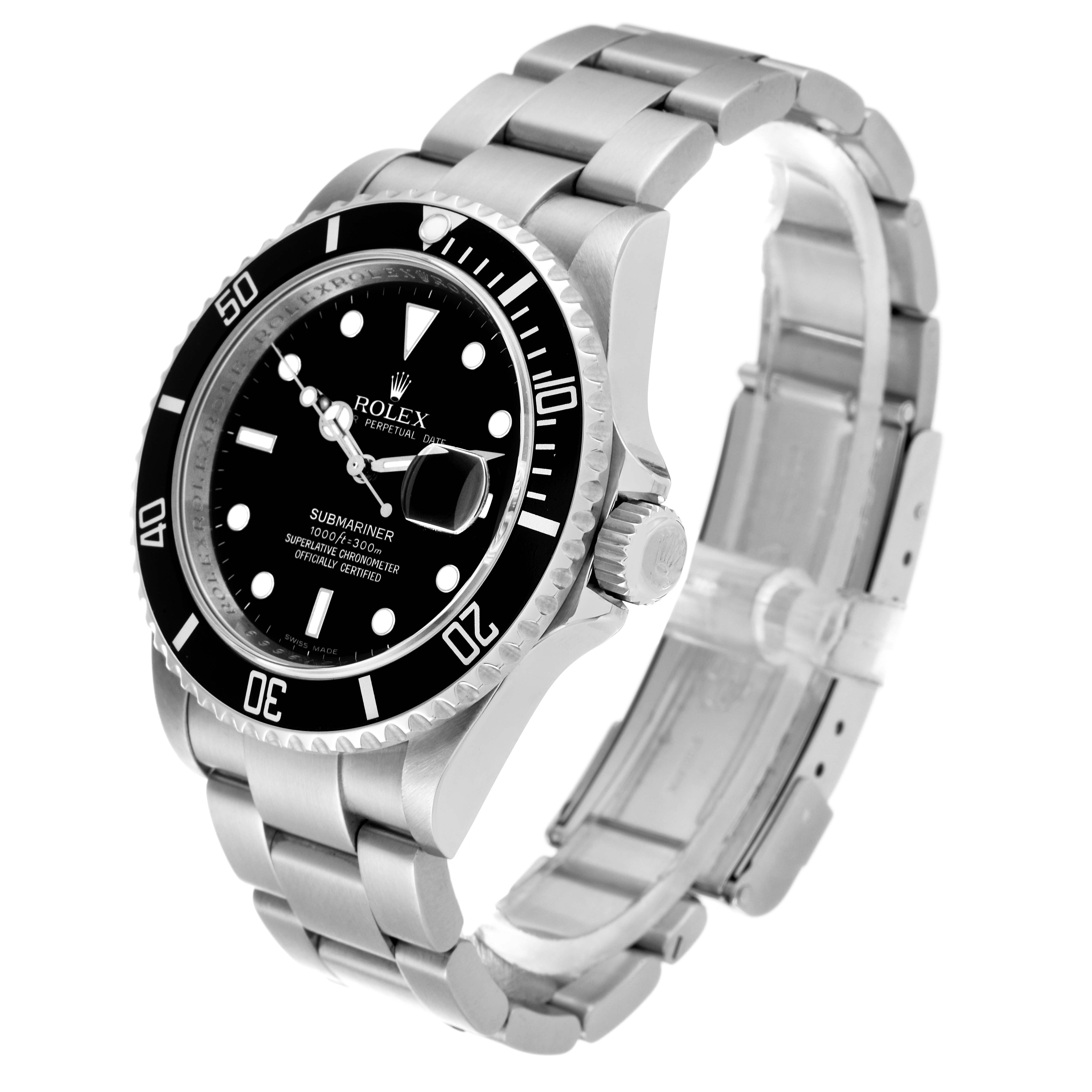 The Rolex Submariner 16610 Men's Stainless Steel Black Dial 16610 Men's Stainless Steel Black Dial watch is shown at a three-quarter angle, highlighting the face, bezel, crown, and metal bracelet.