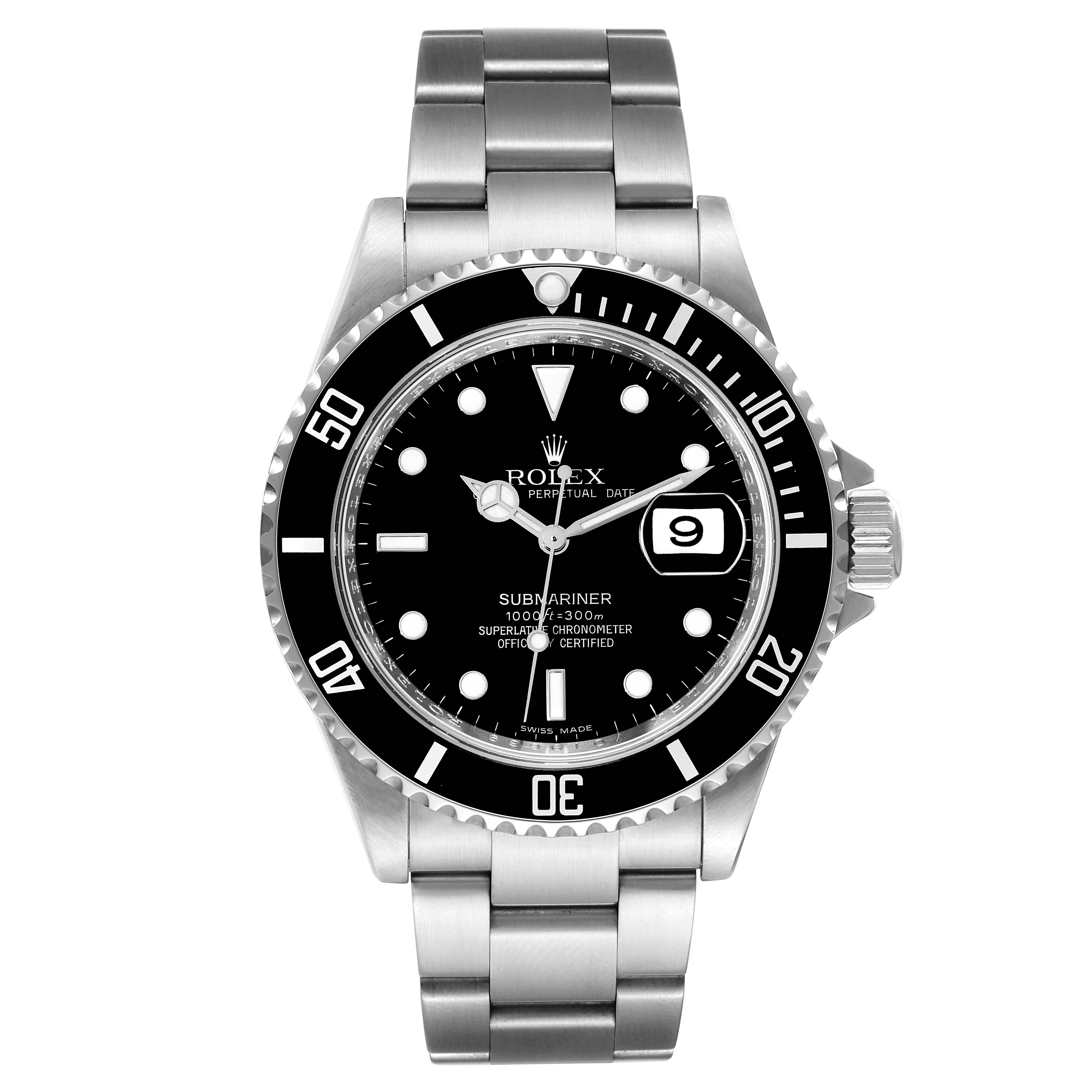 The image shows a front view of a Rolex Submariner 16610 Men's Stainless Steel Black Dial 16610 Men's Stainless Steel Black Dial watch, displaying the dial, bezel, and bracelet.