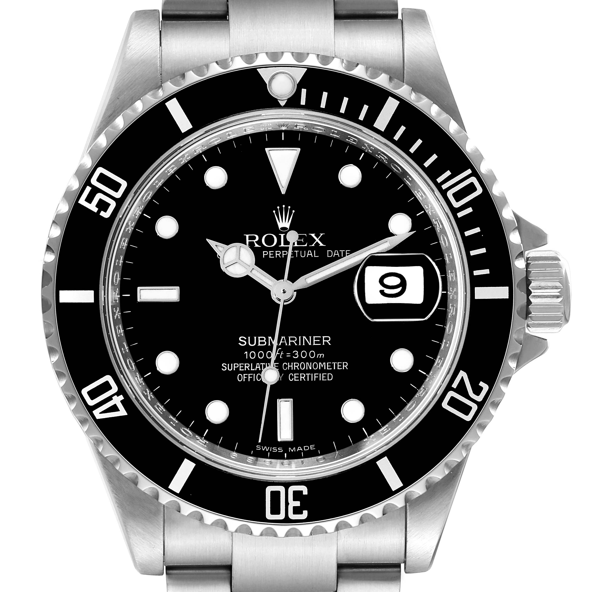 The image shows a front view of a Rolex Submariner 16610 Men's Stainless Steel Black Dial 16610 Men's Stainless Steel Black Dial watch, displaying its dial, bezel, and part of the bracelet.