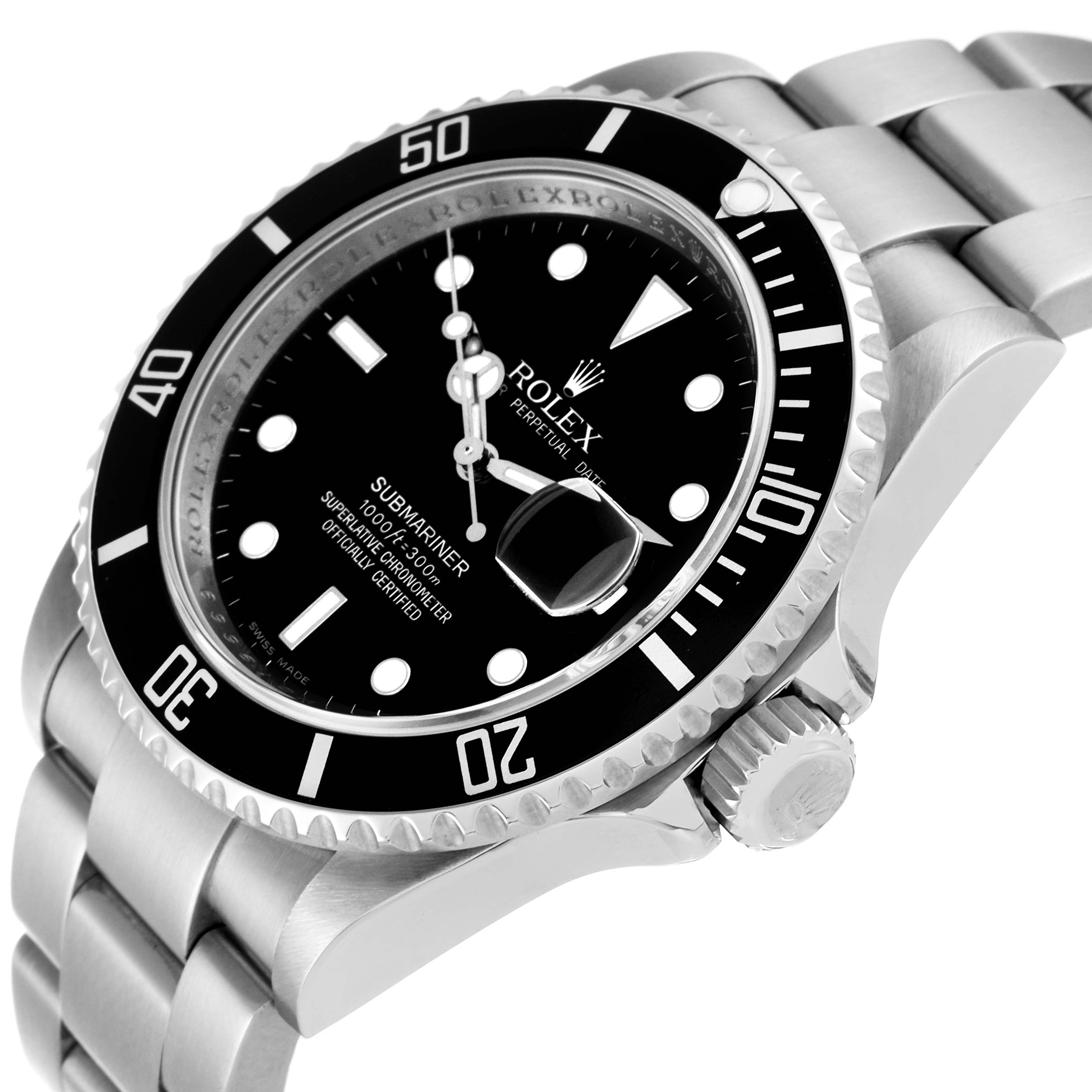 This image shows a close-up of the Rolex Submariner 16610 Men's Stainless Steel Black Dial 16610 Men's Stainless Steel Black Dial watch, highlighting its face, bezel, and part of the bracelet, at an oblique angle.