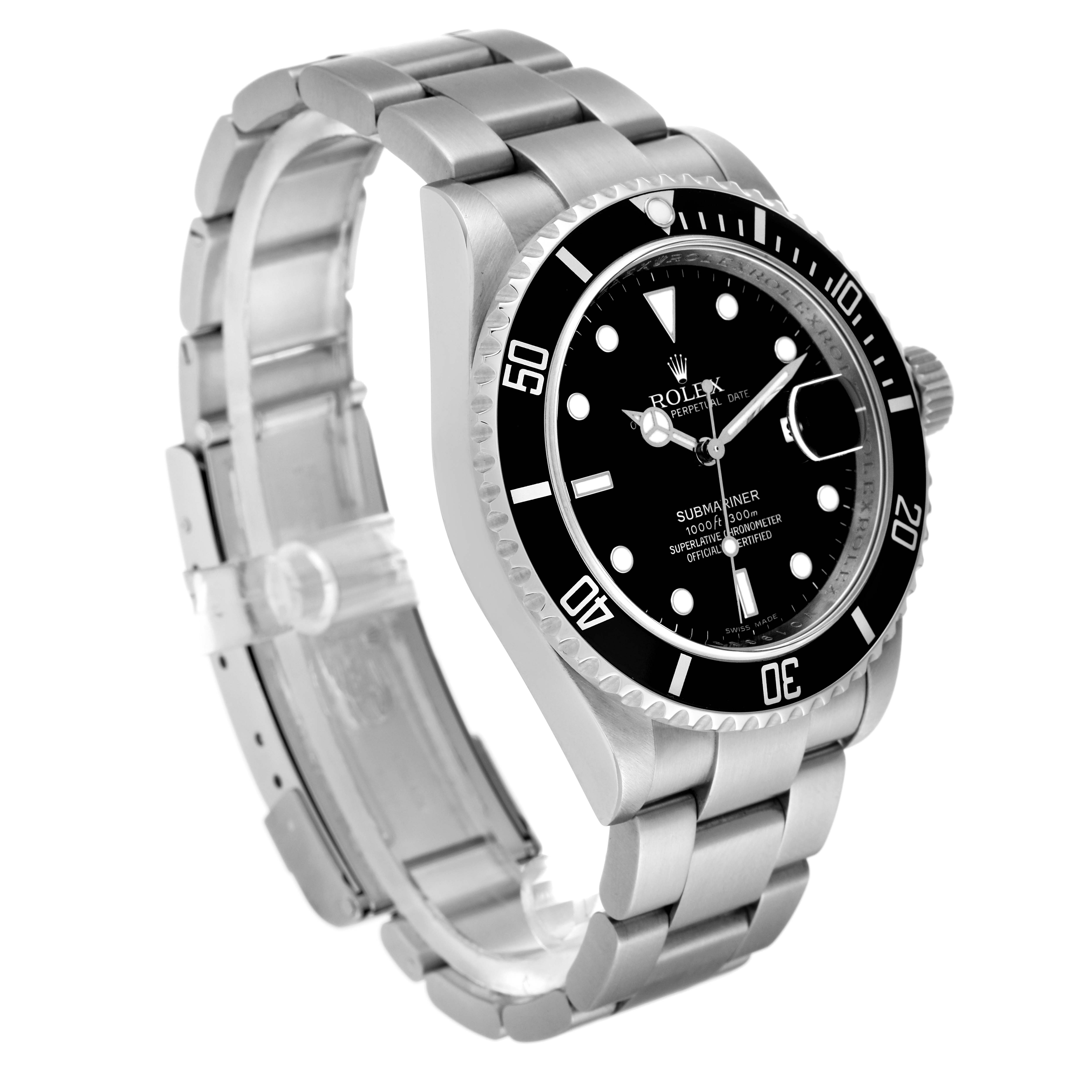 This image shows a side angle view of a Rolex Submariner 16610 Men's Stainless Steel Black Dial 16610 Men's Stainless Steel Black Dial watch, highlighting the bezel, dial, and metal bracelet.