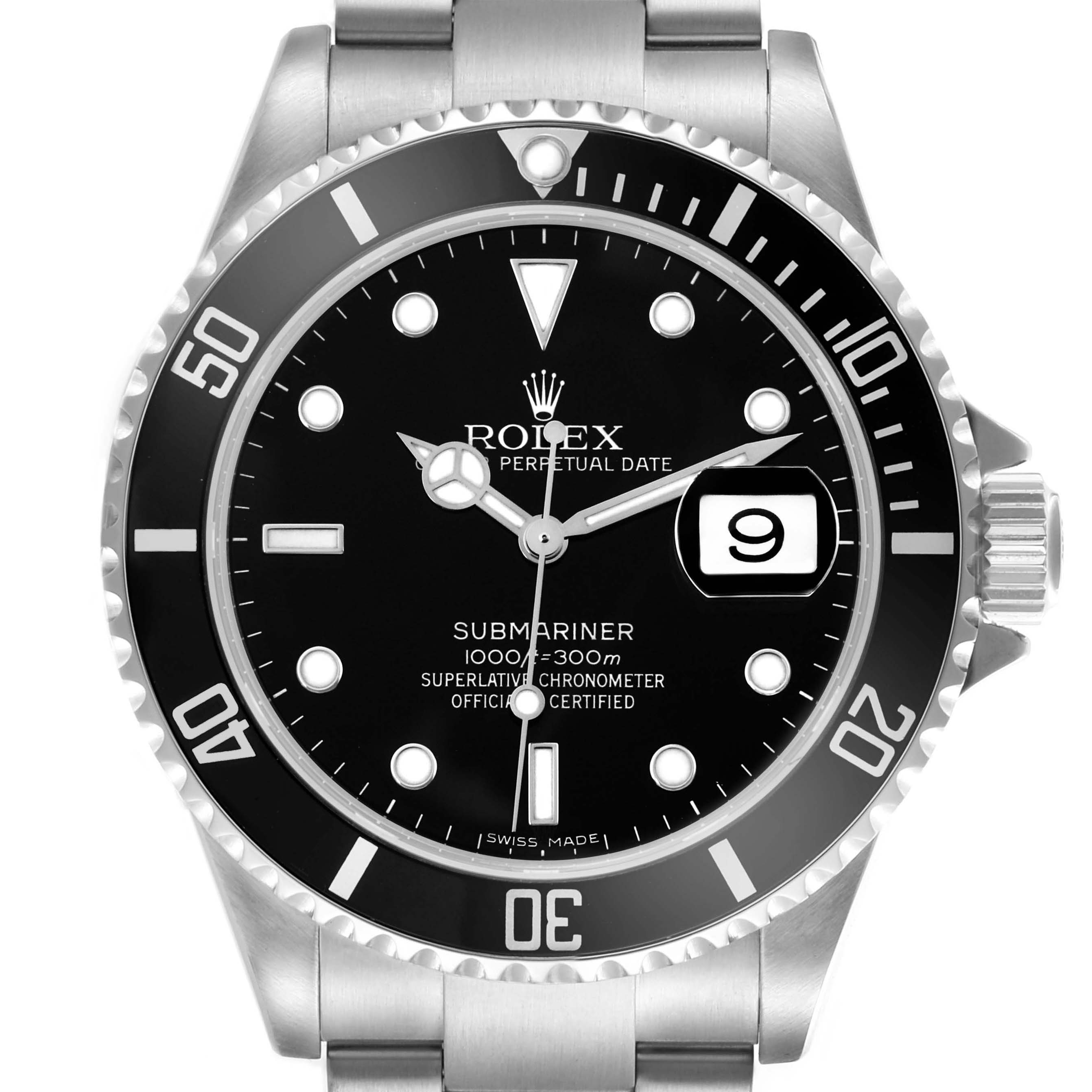 The Rolex Submariner 16610 Men's Stainless Steel Black Dial 16610 Men's Stainless Steel Black Dial watch is shown from a top view, displaying the face, bezel, and part of the bracelet and crown.