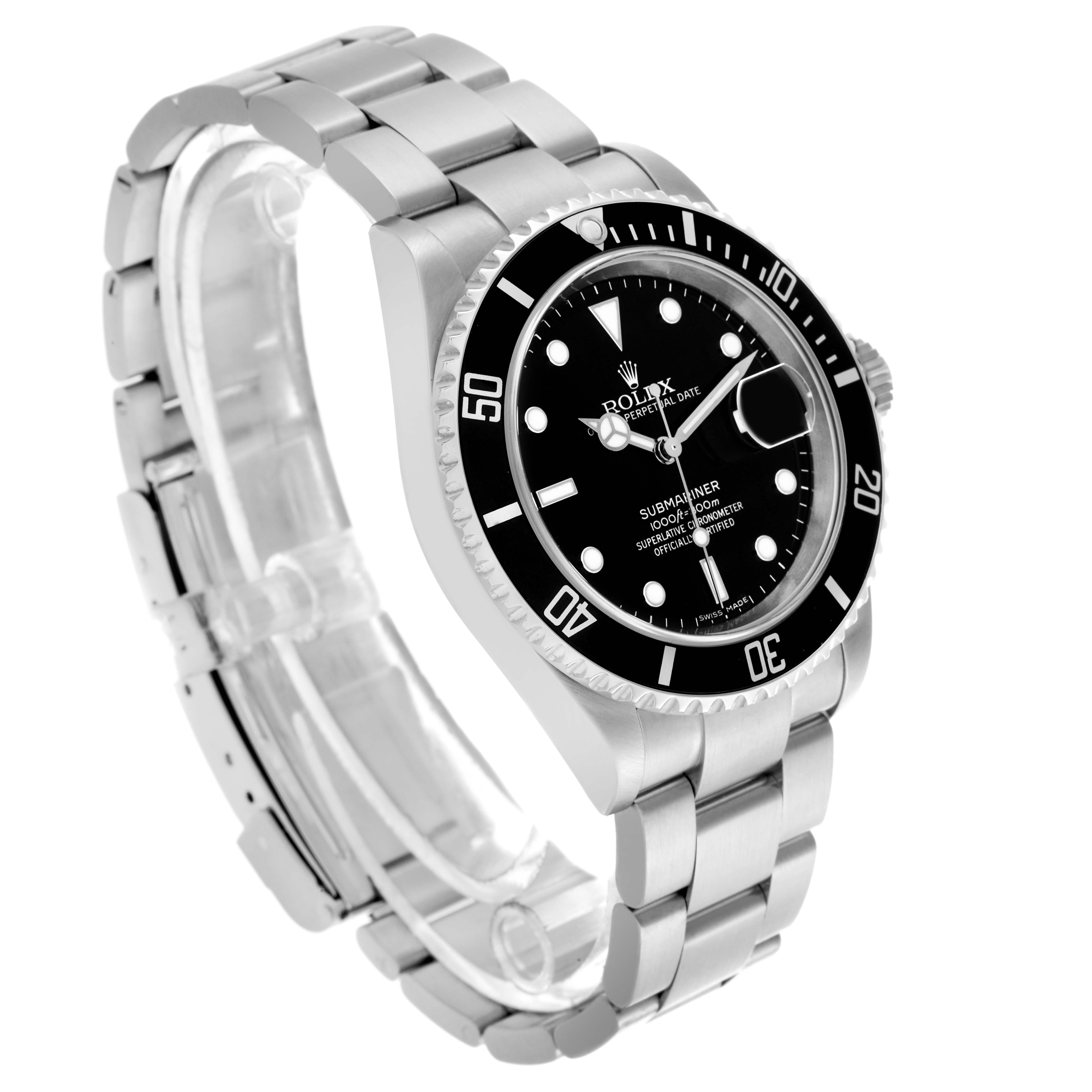 The Rolex Submariner 16610 Men's Stainless Steel Black Dial 16610 Men's Stainless Steel Black Dial watch is shown at a three-quarter angle, displaying its bracelet, bezel, dial, and crown.