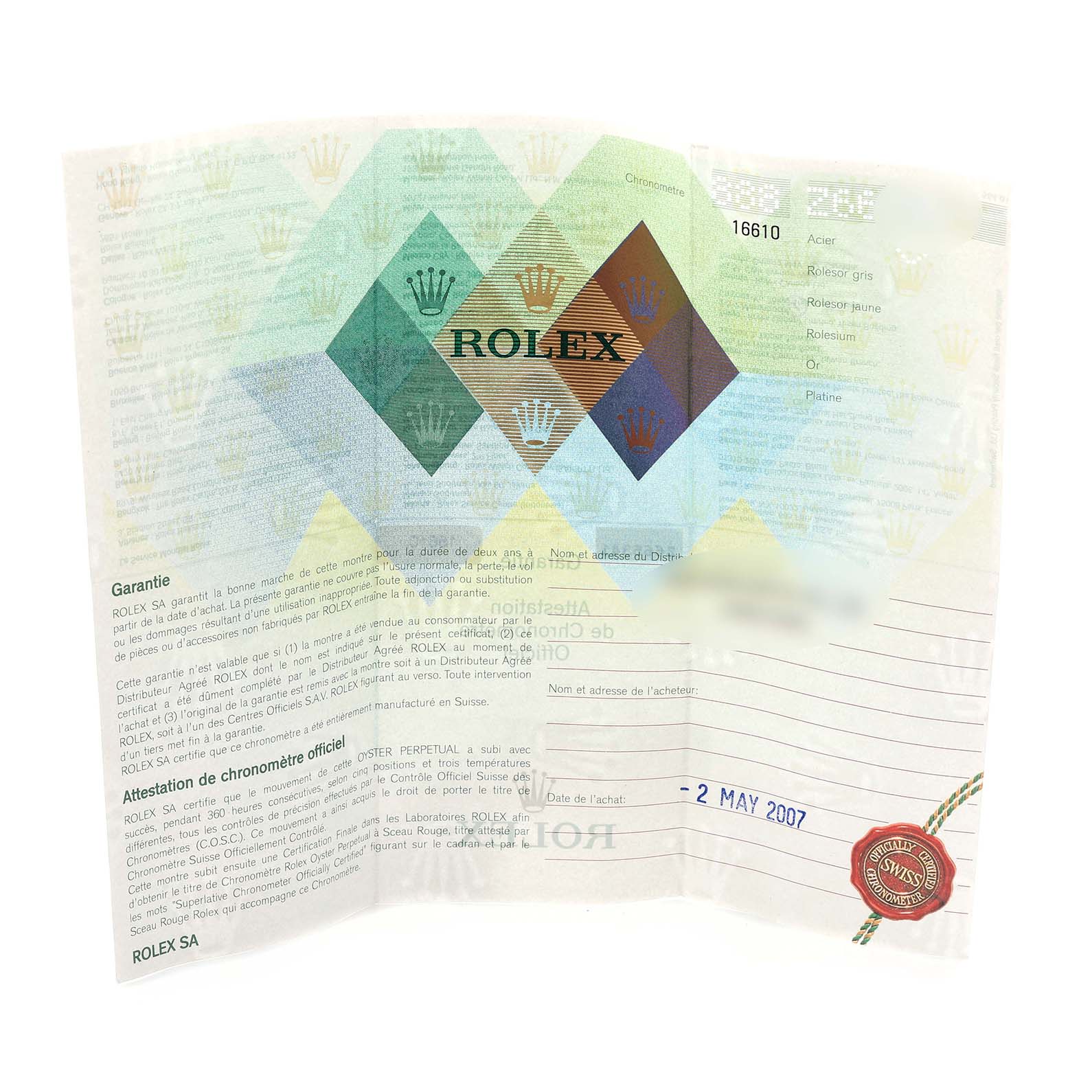 The image shows a warranty certificate for a Rolex Submariner 16610 Men's Stainless Steel Black Dial 16610 Men's Stainless Steel Black Dial watch, displaying text and official logos.