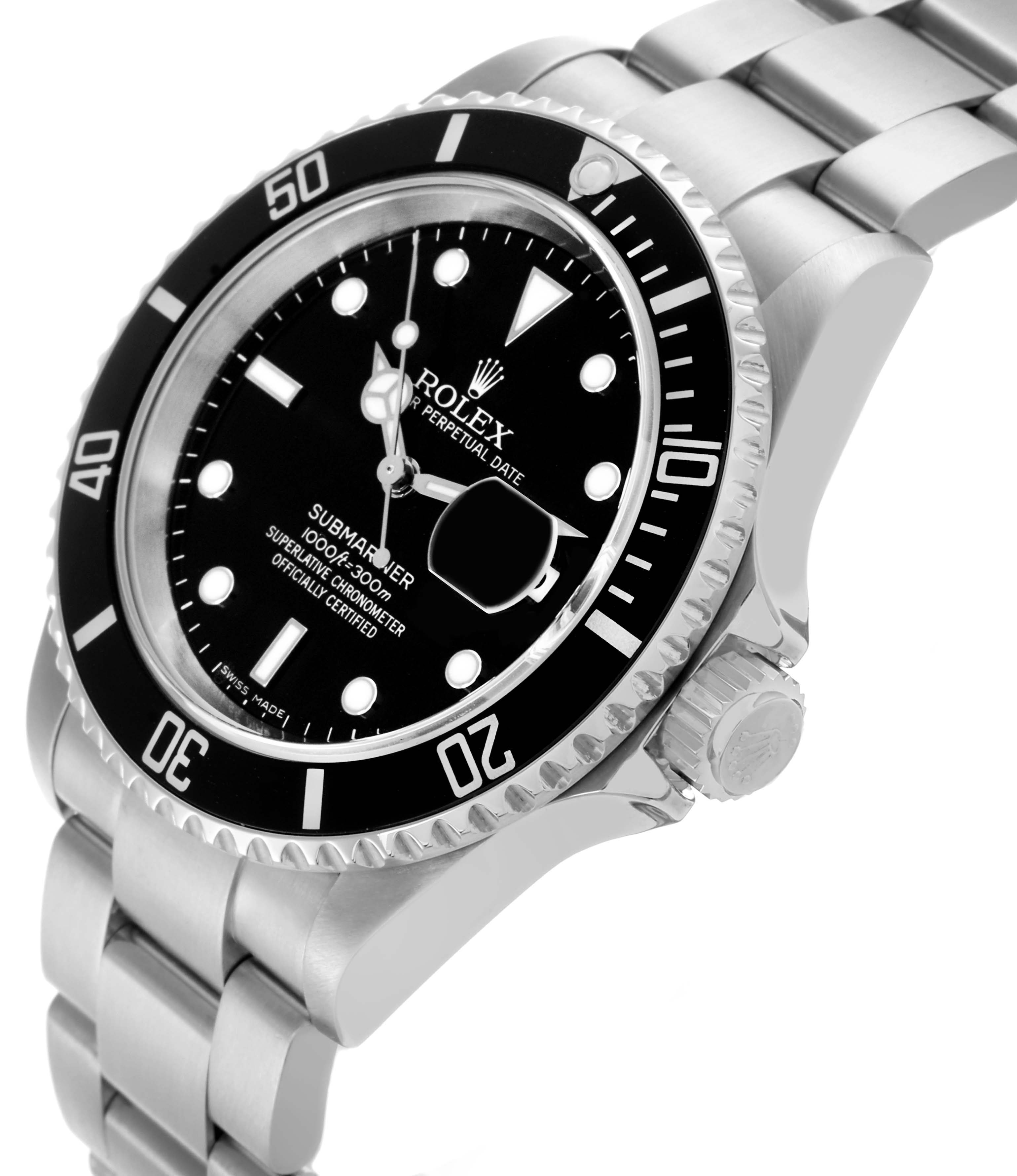 The Rolex Submariner 16610 Men's Stainless Steel Black Dial 16610 Men's Stainless Steel Black Dial watch is shown at a three-quarter angle featuring the dial, bezel, crown, and part of the bracelet.