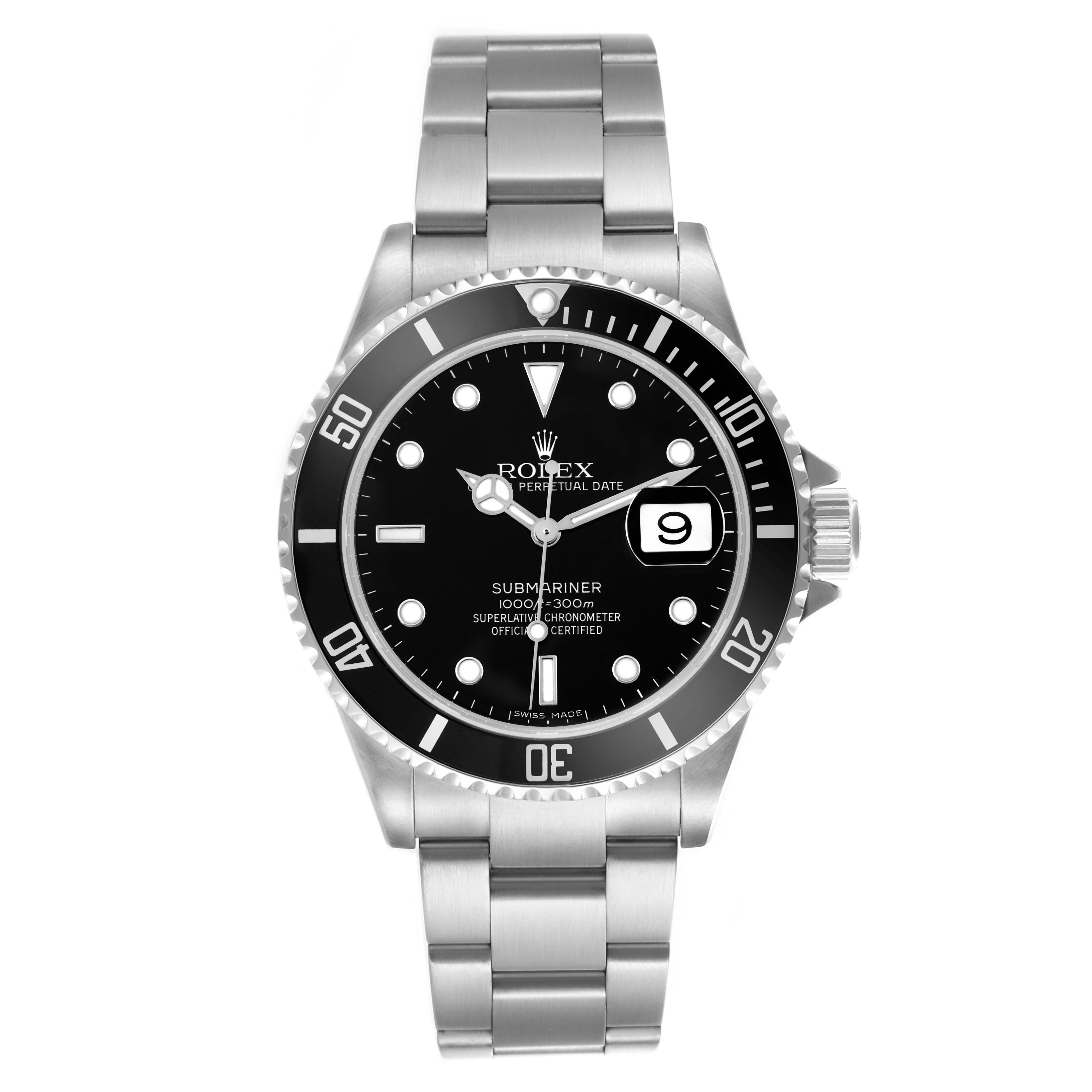 The Rolex Submariner 16610 Men's Stainless Steel Black Dial 16610 Men's Stainless Steel Black Dial watch is shown from a frontal angle displaying the dial, bezel, and bracelet.