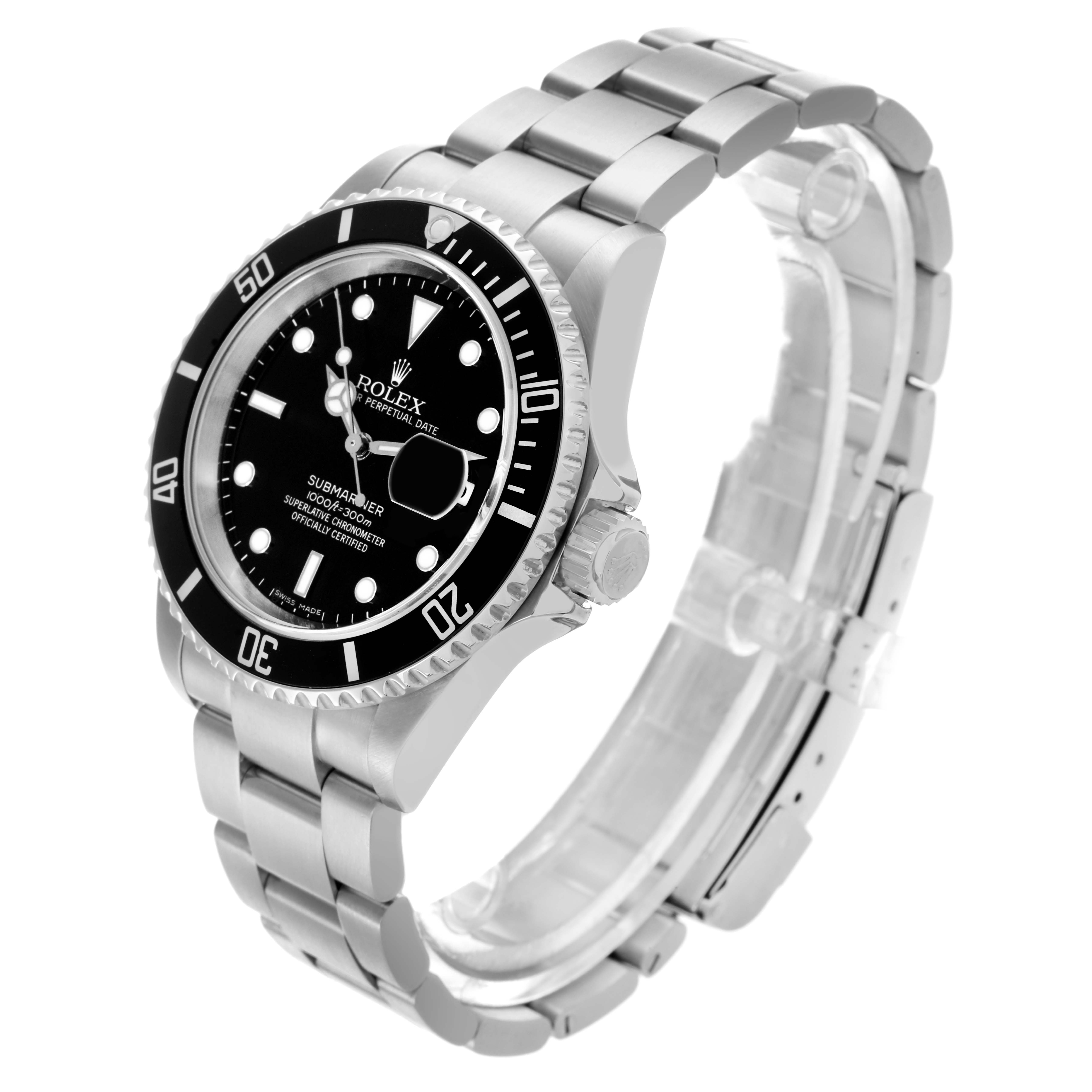 The Rolex Submariner 16610 Men's Stainless Steel Black Dial 16610 Men's Stainless Steel Black Dial watch is shown at a three-quarter angle, highlighting the face, bezel, bracelet, and crown.