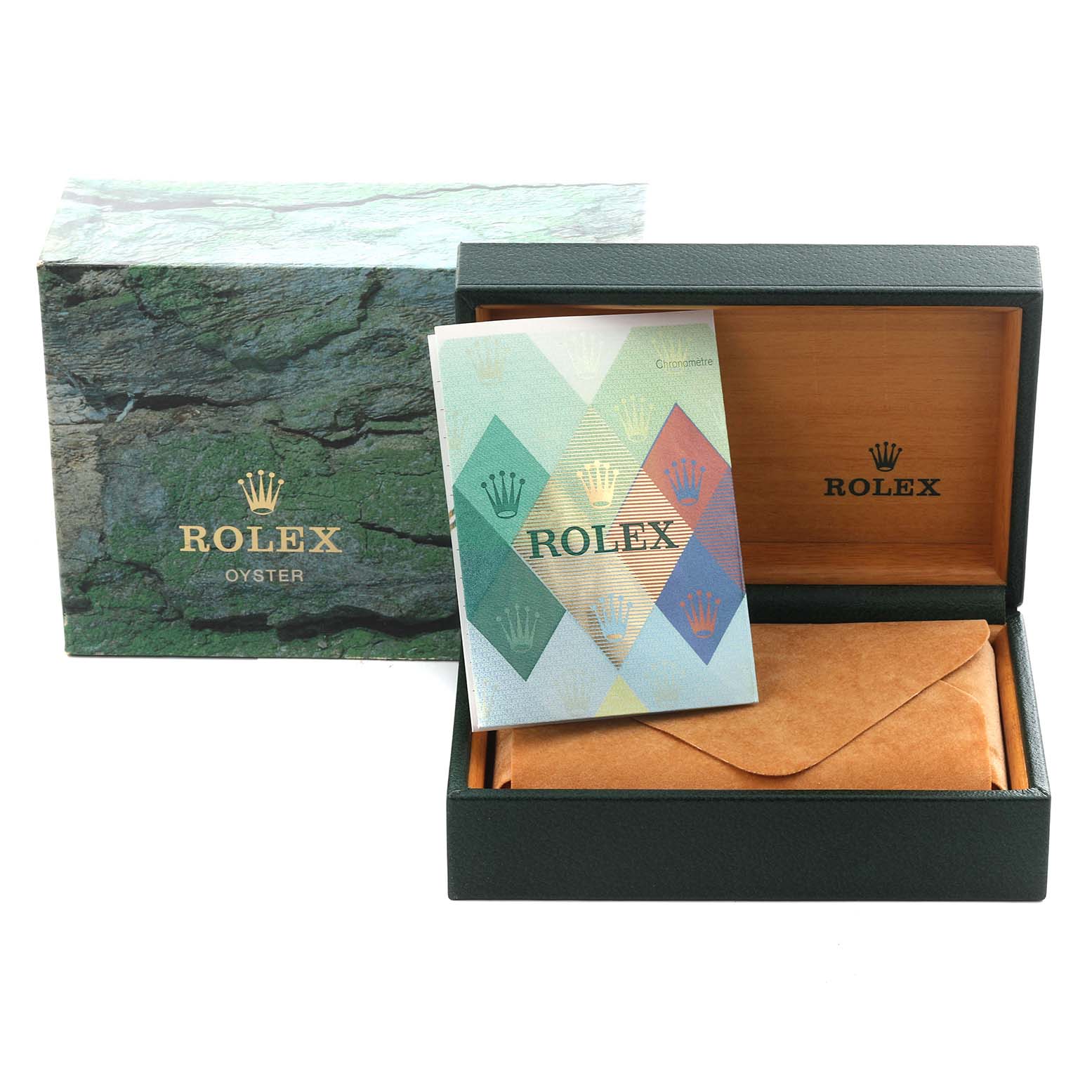 The image shows a Rolex Submariner 16610 Men's Stainless Steel Black Dial 16610 Men's Stainless Steel Black Dial watch box, outer box, and booklet from a frontal angle.