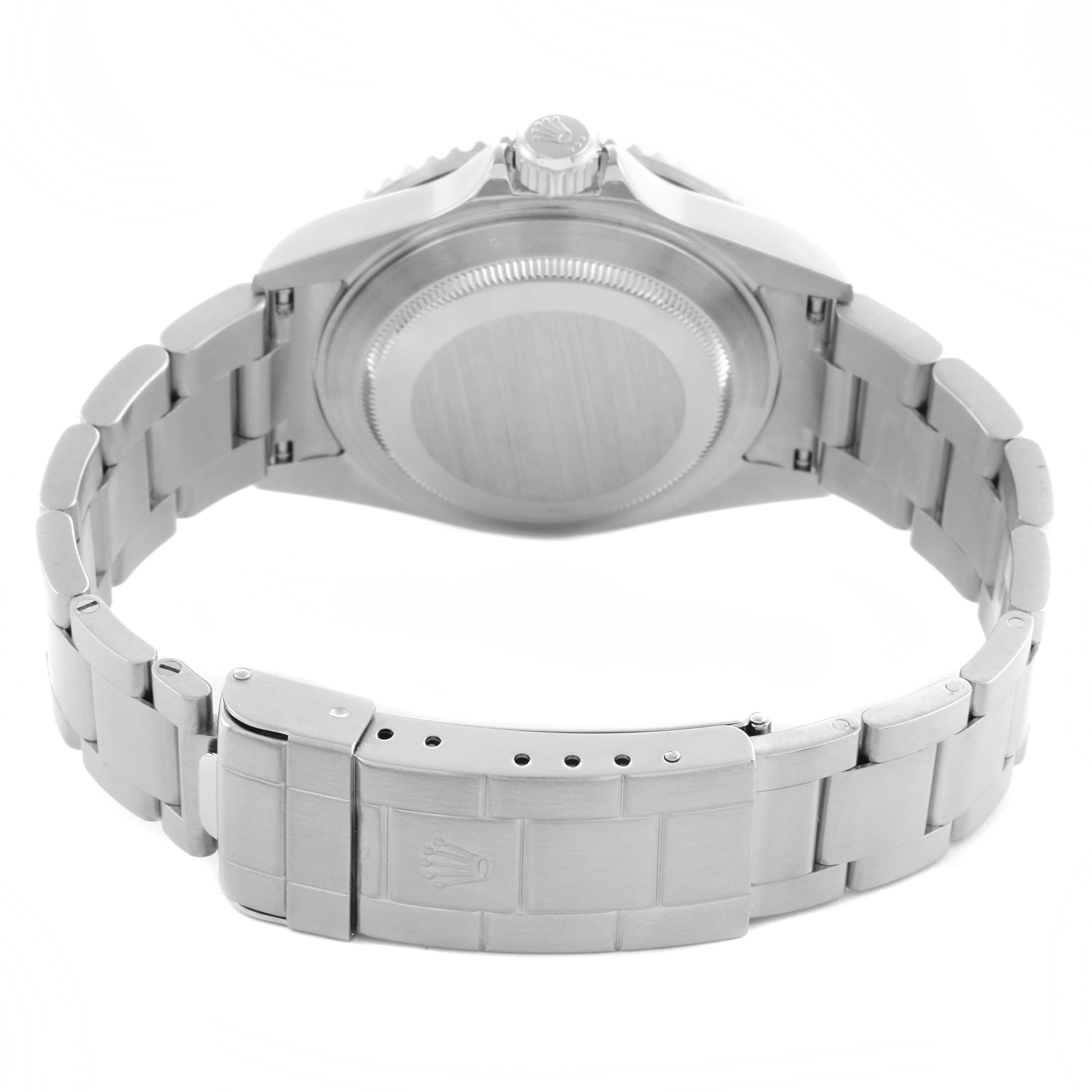 The image shows the back case and bracelet of a Rolex Submariner 16610 Men's Stainless Steel Black Dial 16610 Men's Stainless Steel Black Dial, viewed from behind.