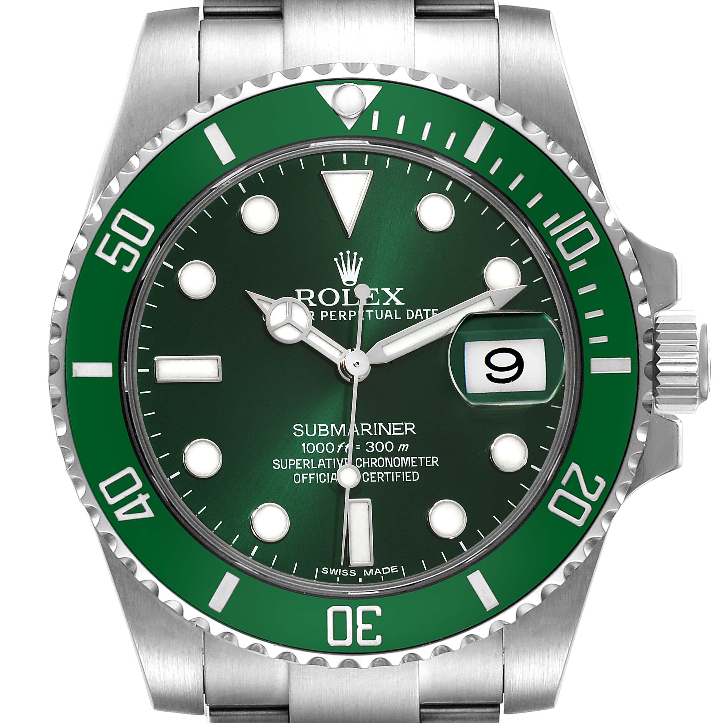 The image shows a front view of the Rolex Submariner 116610LV Men's Stainless Steel Green Dial 116610LV Men's Stainless Steel Green Dial, focusing on the bezel, dial, hands, and date window.