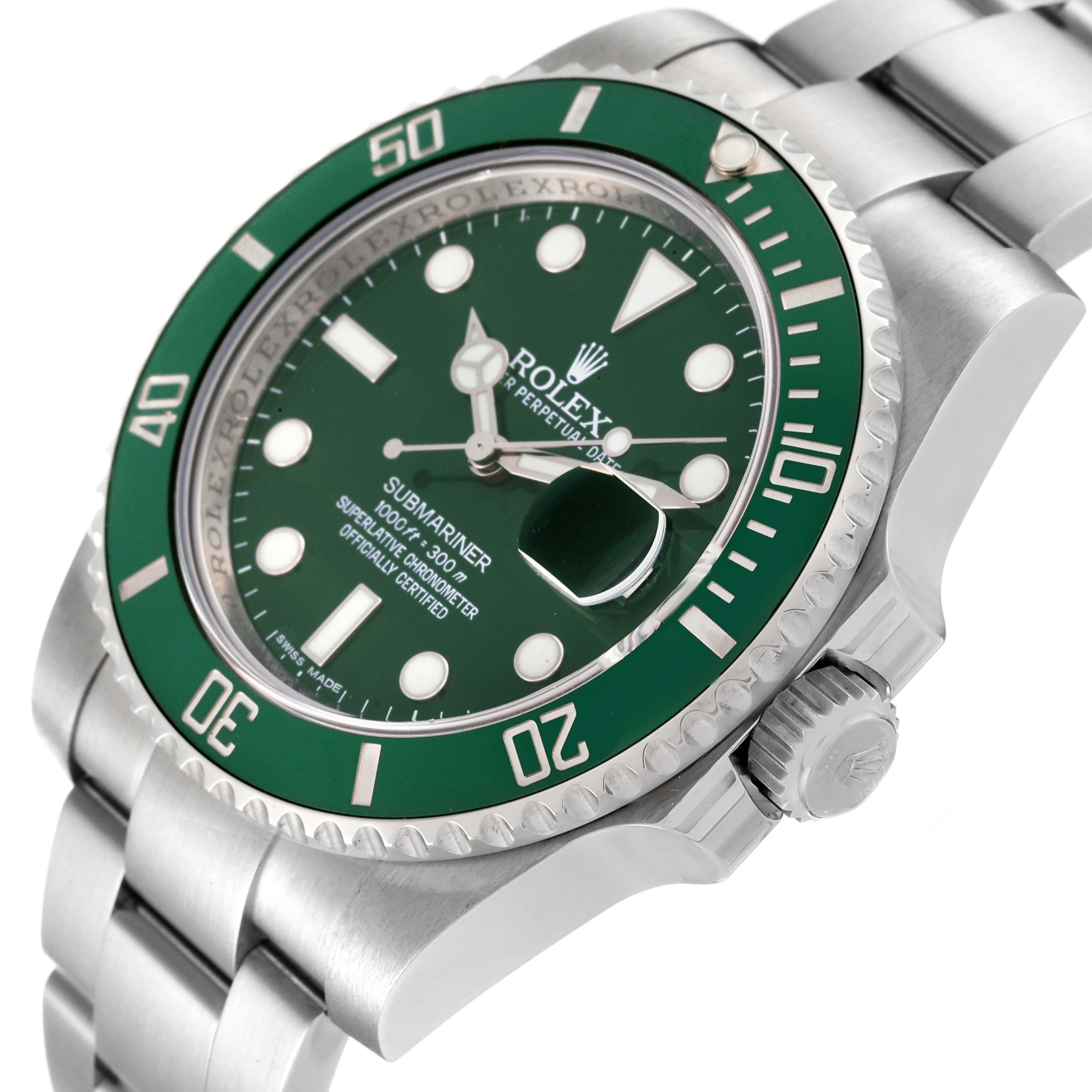 This image shows a close-up angled view of a Rolex Submariner 116610LV Men's Stainless Steel Green Dial 116610LV Men's Stainless Steel Green Dial watch, highlighting its green dial, bezel, and stainless steel bracelet.