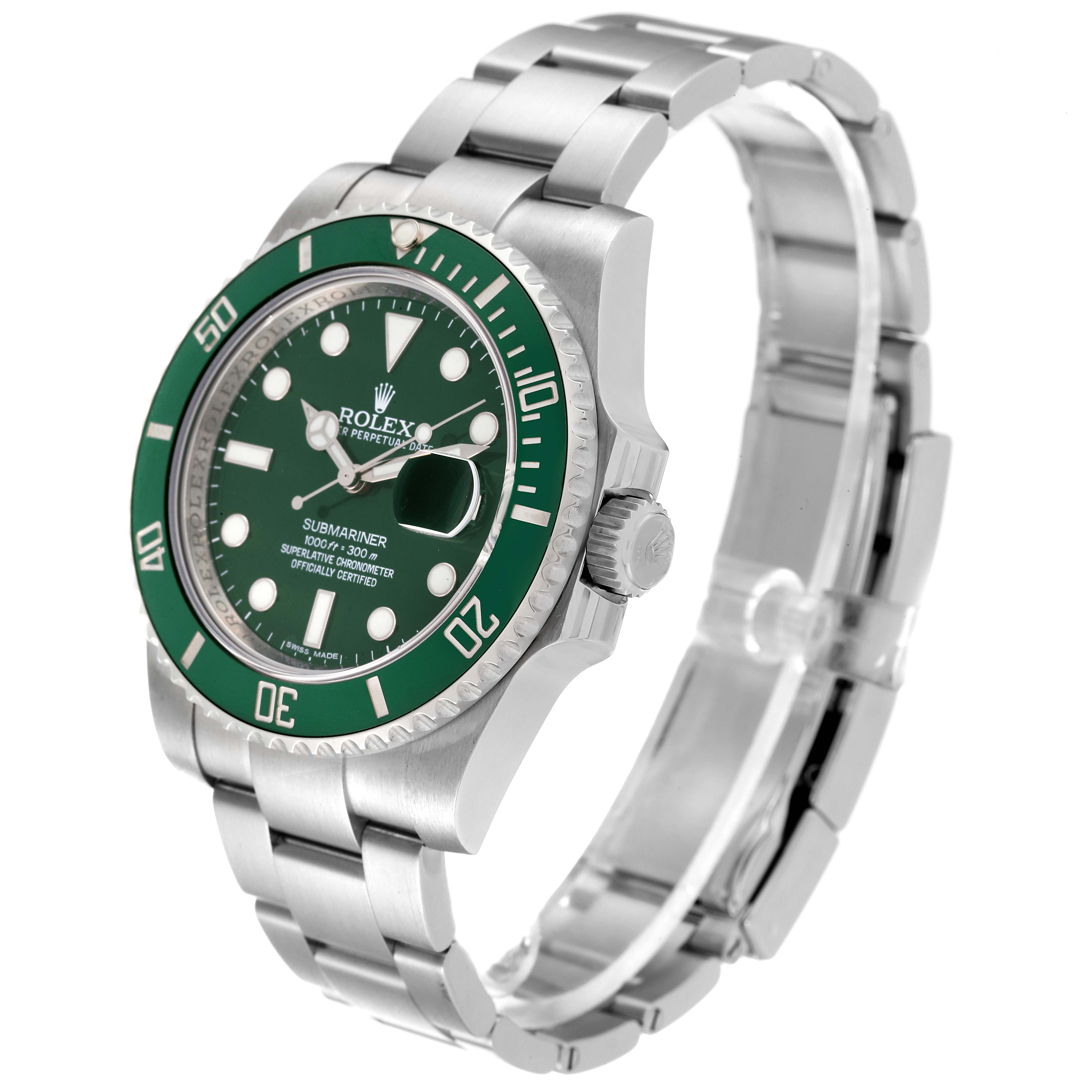 This image displays a Rolex Submariner 116610LV Men's Stainless Steel Green Dial 116610LV Men's Stainless Steel Green Dial watch at a three-quarter angle, showing the face, bezel, crown, and bracelet.