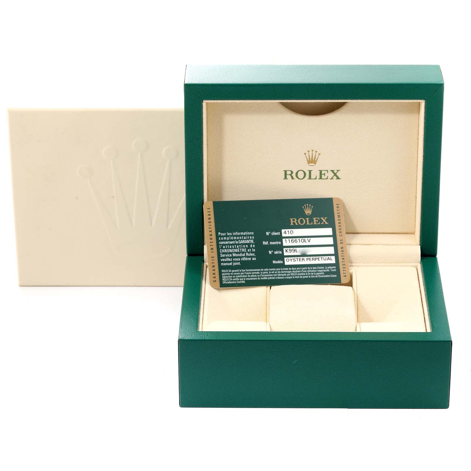 The image shows the open box and warranty card for a Rolex Submariner 116610LV Men's Stainless Steel Green Dial 116610LV Men's Stainless Steel Green Dial watch.