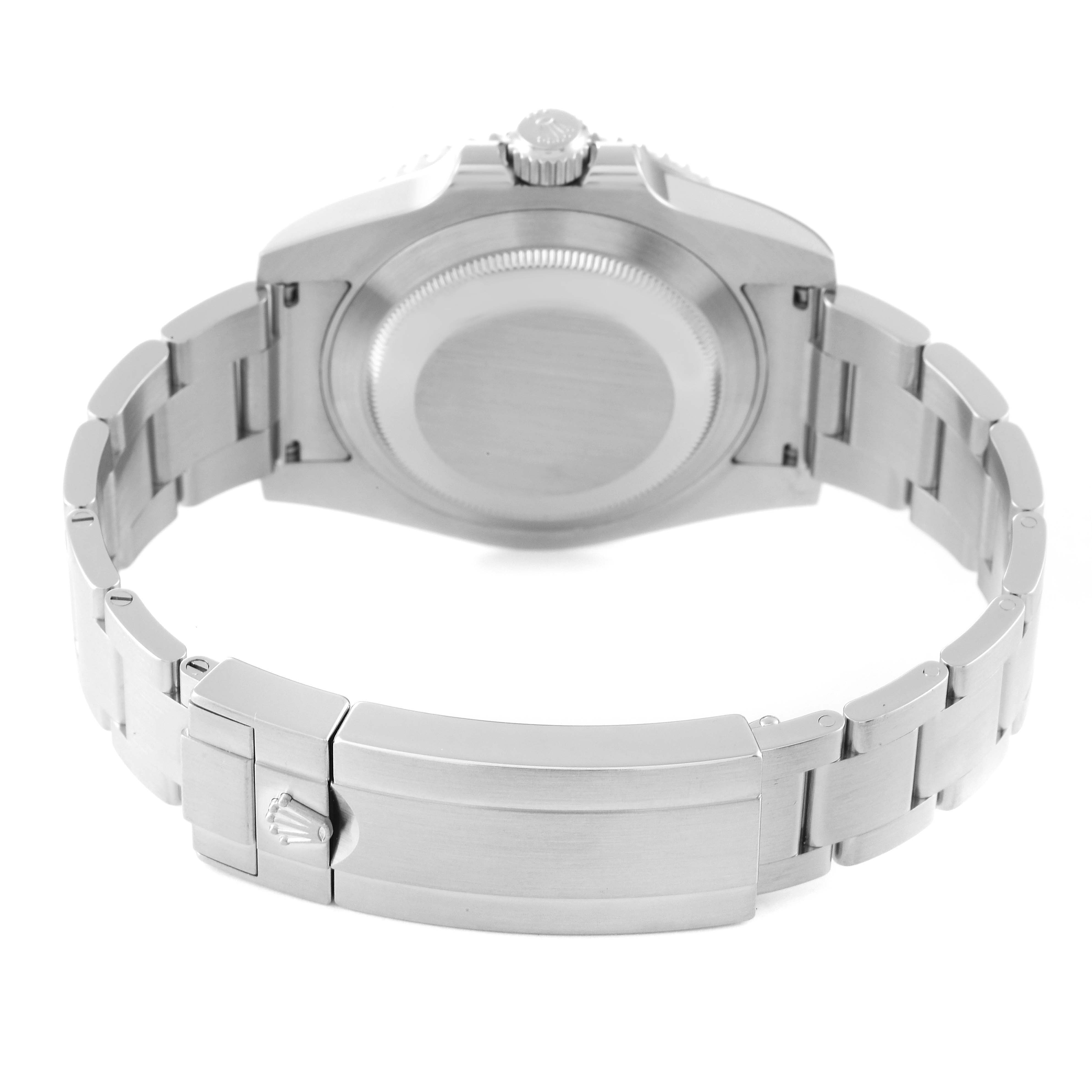 The image shows the back view of the Rolex Submariner 116610LV Men's Stainless Steel Green Dial 116610LV Men's Stainless Steel Green Dial watch, highlighting the case back and stainless steel bracelet clasp.