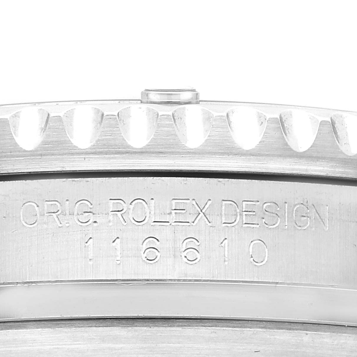 This image shows a close-up of the case edge and bezel of the Rolex Submariner 116610LV Men's Stainless Steel Green Dial 116610LV Men's Stainless Steel Green Dial watch, with the model and engraving visible.