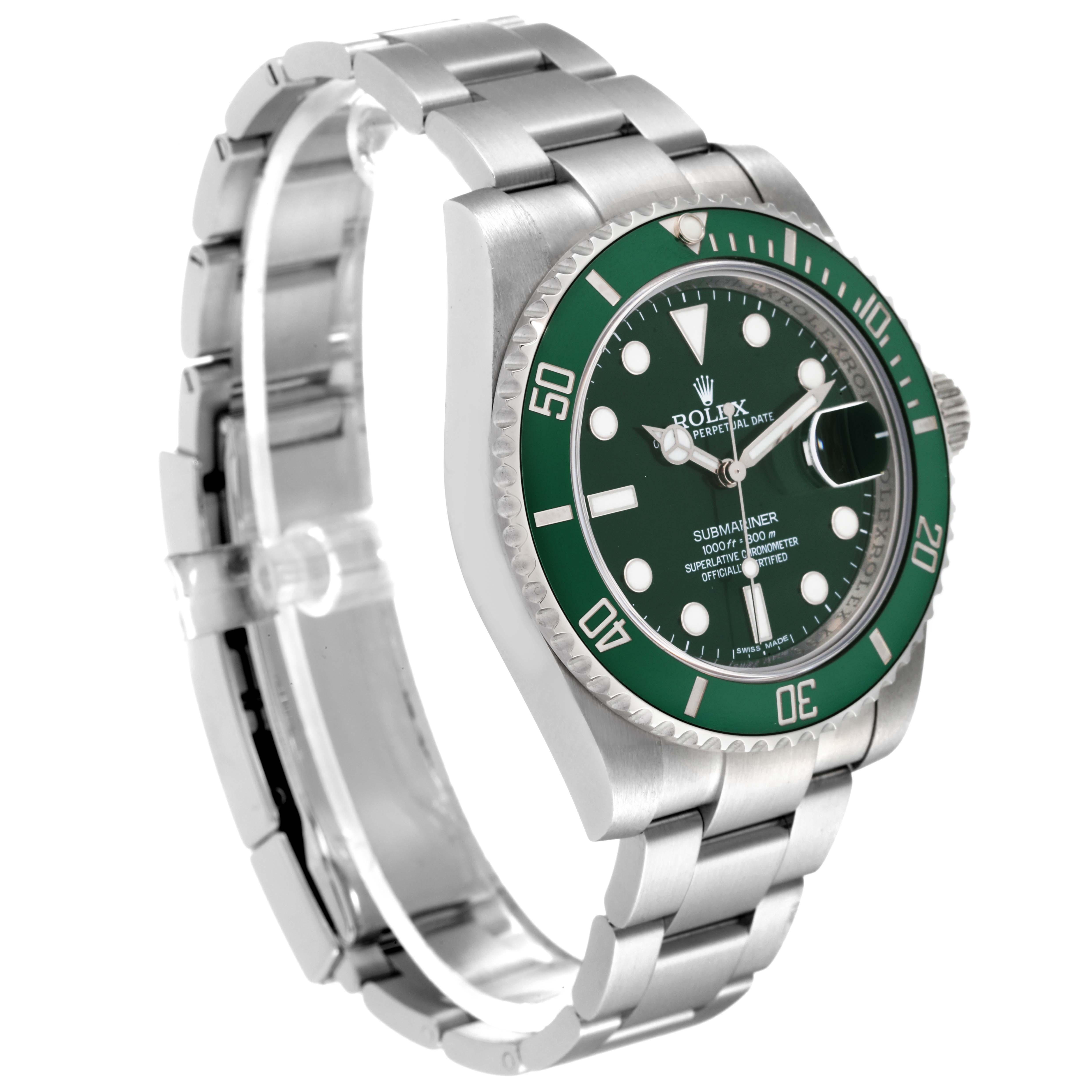 The image shows a Rolex Submariner 116610LV Men's Stainless Steel Green Dial 116610LV Men's Stainless Steel Green Dial watch angled to display its green bezel, dial, and stainless steel bracelet.