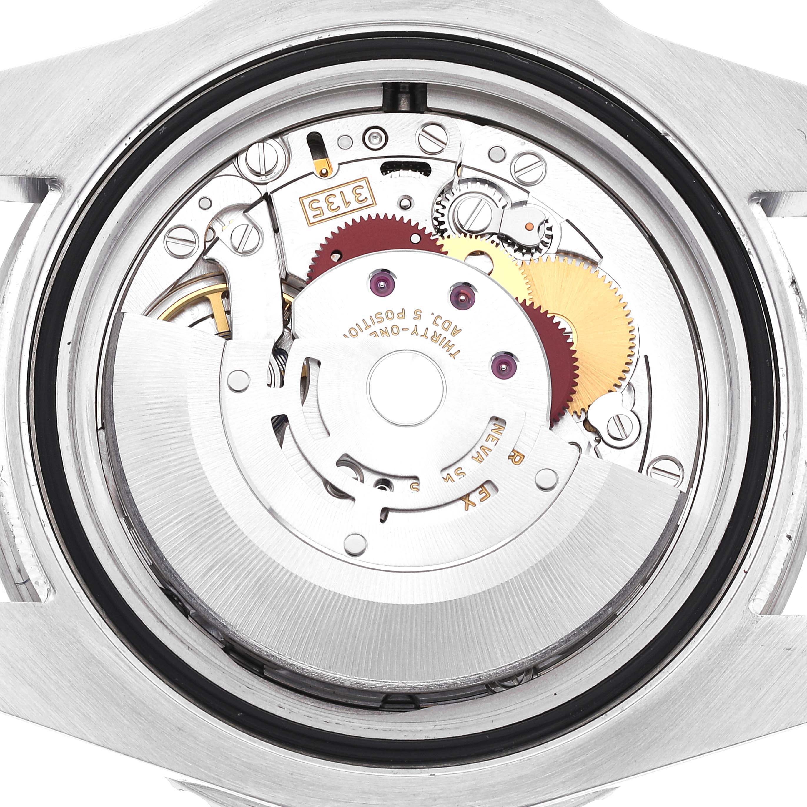 The image shows the internal mechanism of a Rolex Submariner 116610LV Men's Stainless Steel Green Dial 116610LV Men's Stainless Steel Green Dial watch from a back angle, highlighting its gears and components.