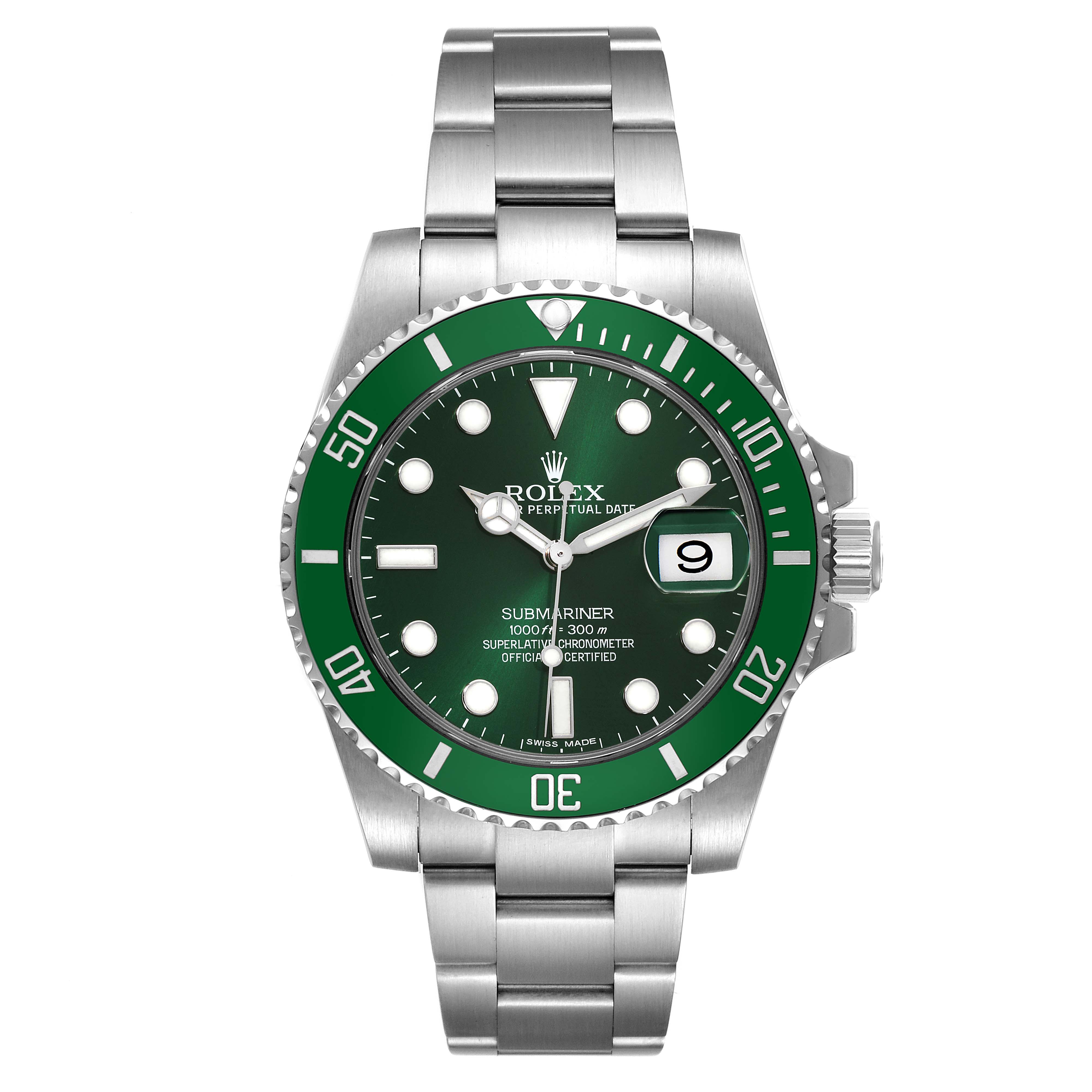 This image shows a frontal view of the Rolex Submariner 116610LV Men's Stainless Steel Green Dial 116610LV Men's Stainless Steel Green Dial watch featuring its green bezel, dial, and metal bracelet.