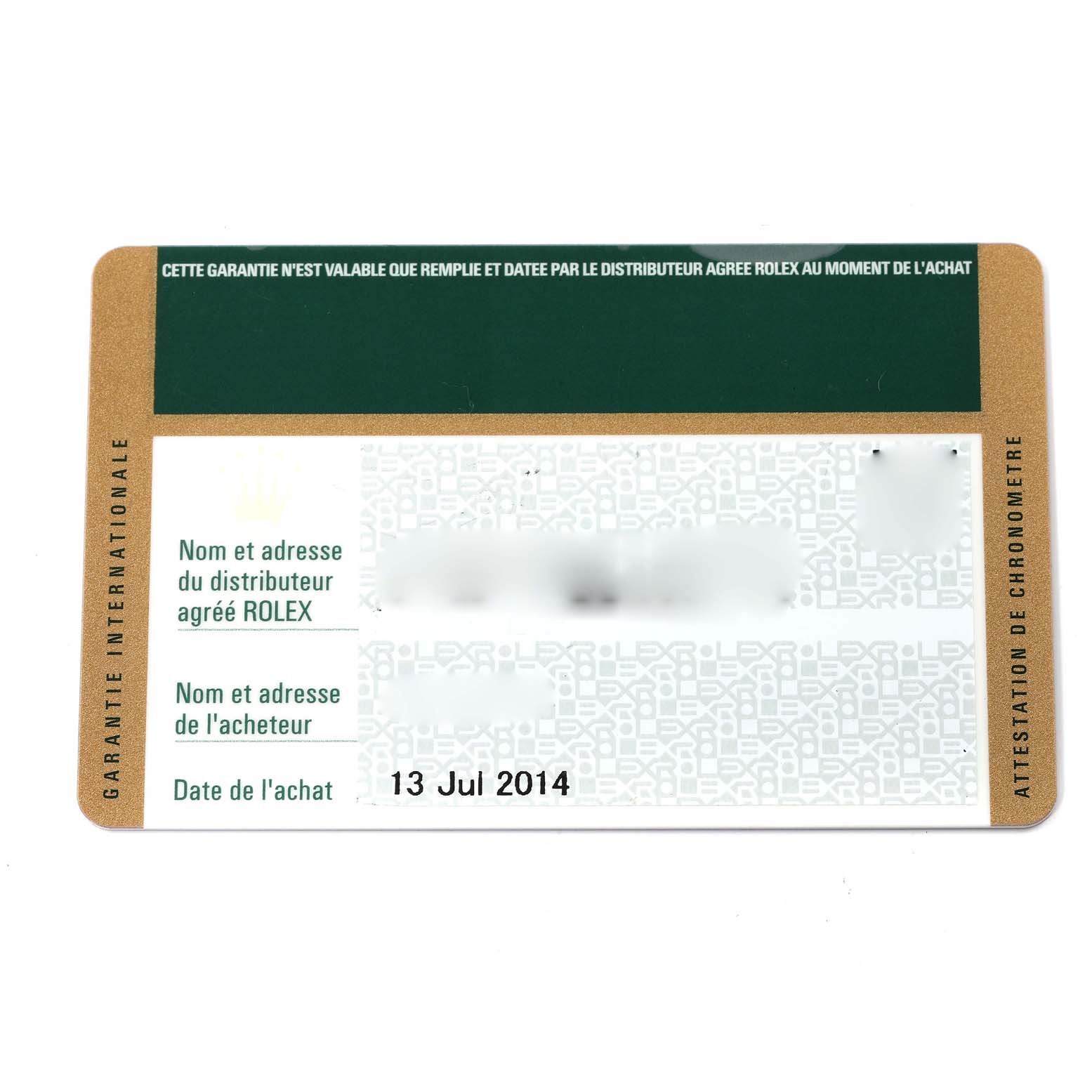 The image shows a warranty card for a Rolex Submariner 116610LV Men's Stainless Steel Green Dial 116610LV Men's Stainless Steel Green Dial watch, detailing purchase date, distributor, and buyer information.