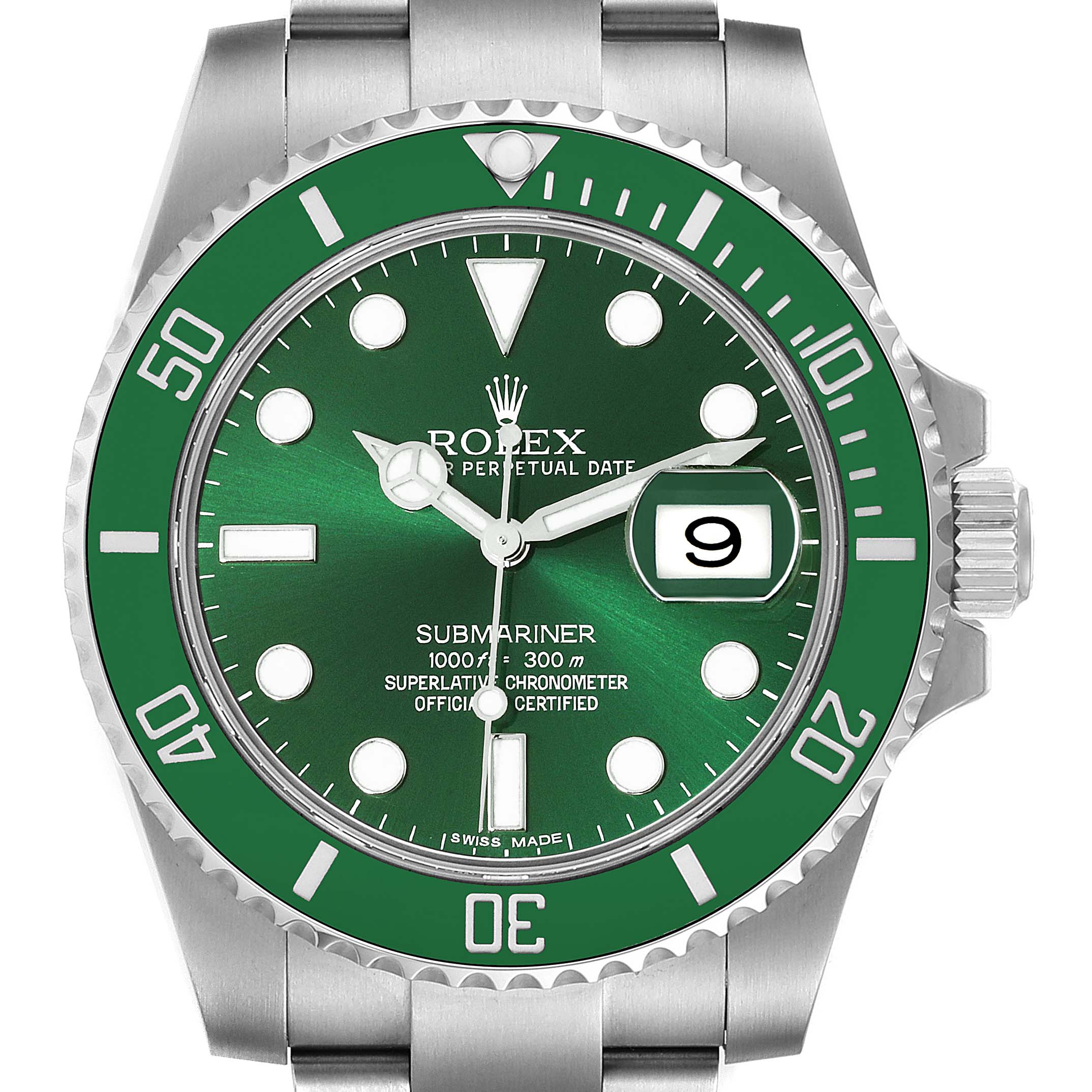 The image shows a frontal view of a Rolex Submariner 116610LV Men's Stainless Steel Green Dial 116610LV Men's Stainless Steel Green Dial watch with a green dial and bezel, displaying the date.