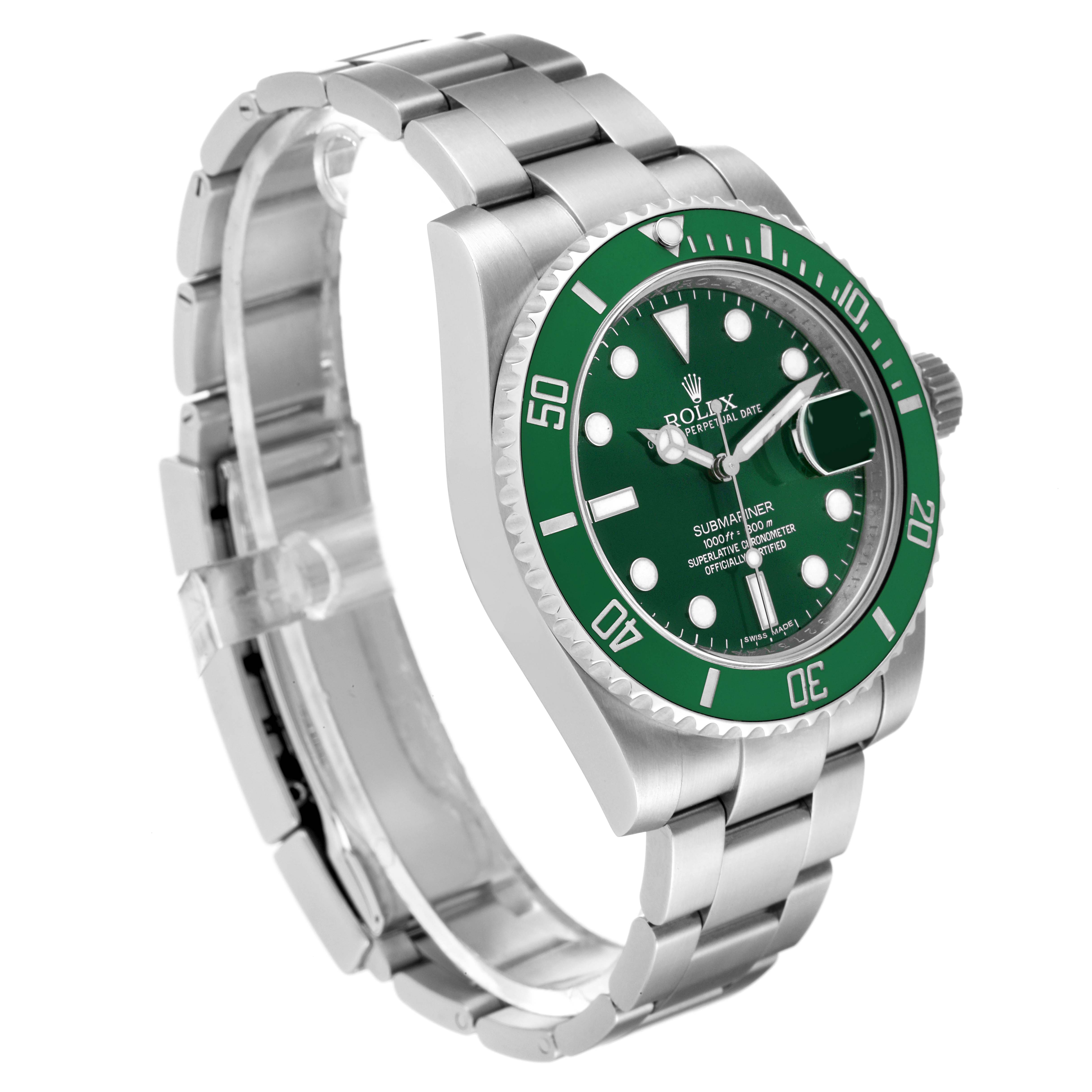 The Rolex Submariner 116610LV Men's Stainless Steel Green Dial 116610LV Men's Stainless Steel Green Dial watch is shown at a three-quarter angle, highlighting its green bezel, dial, and stainless steel bracelet.
