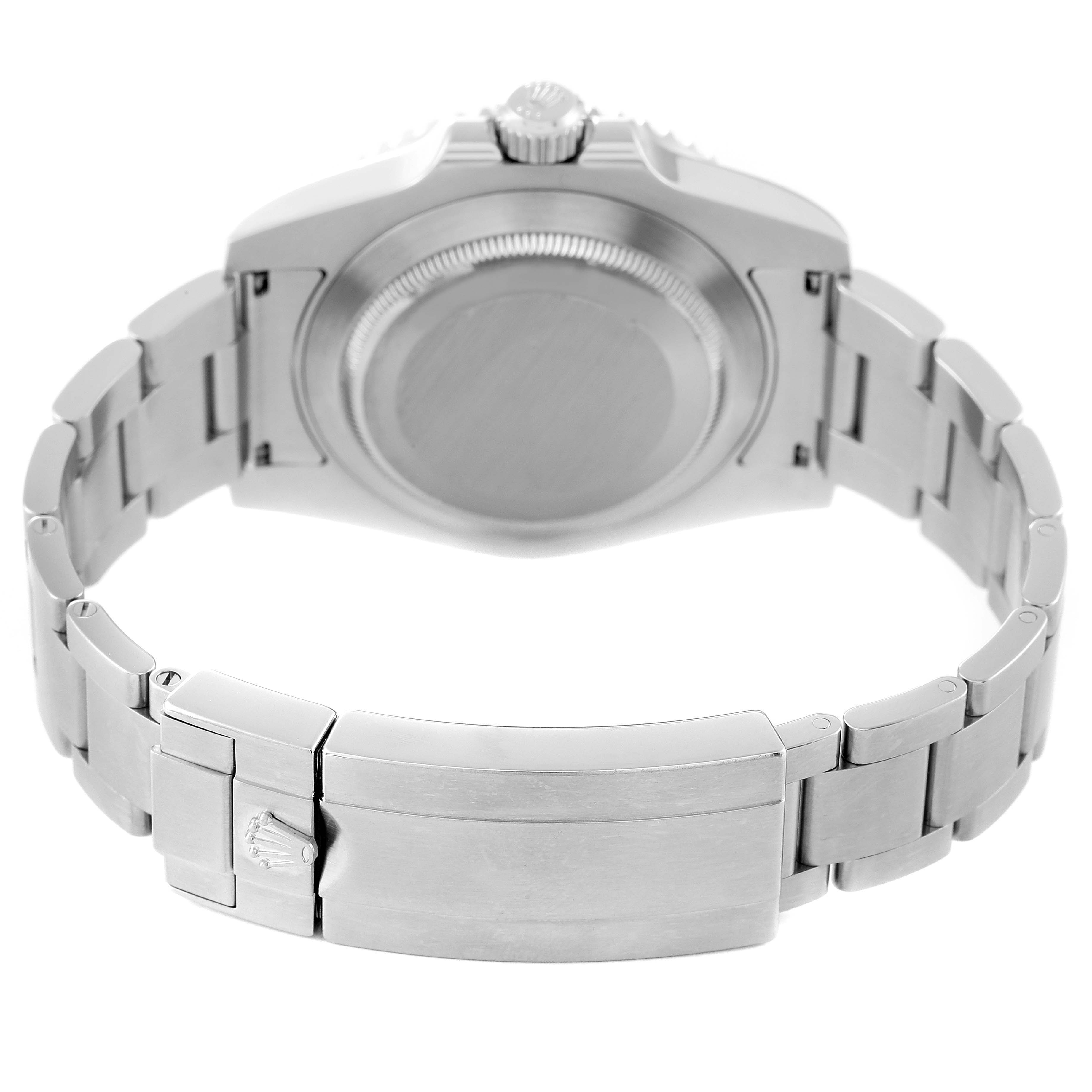 The image shows the back view of a Rolex Submariner 116610LV Men's Stainless Steel Green Dial 116610LV Men's Stainless Steel Green Dial watch, highlighting its clasp and bracelet.