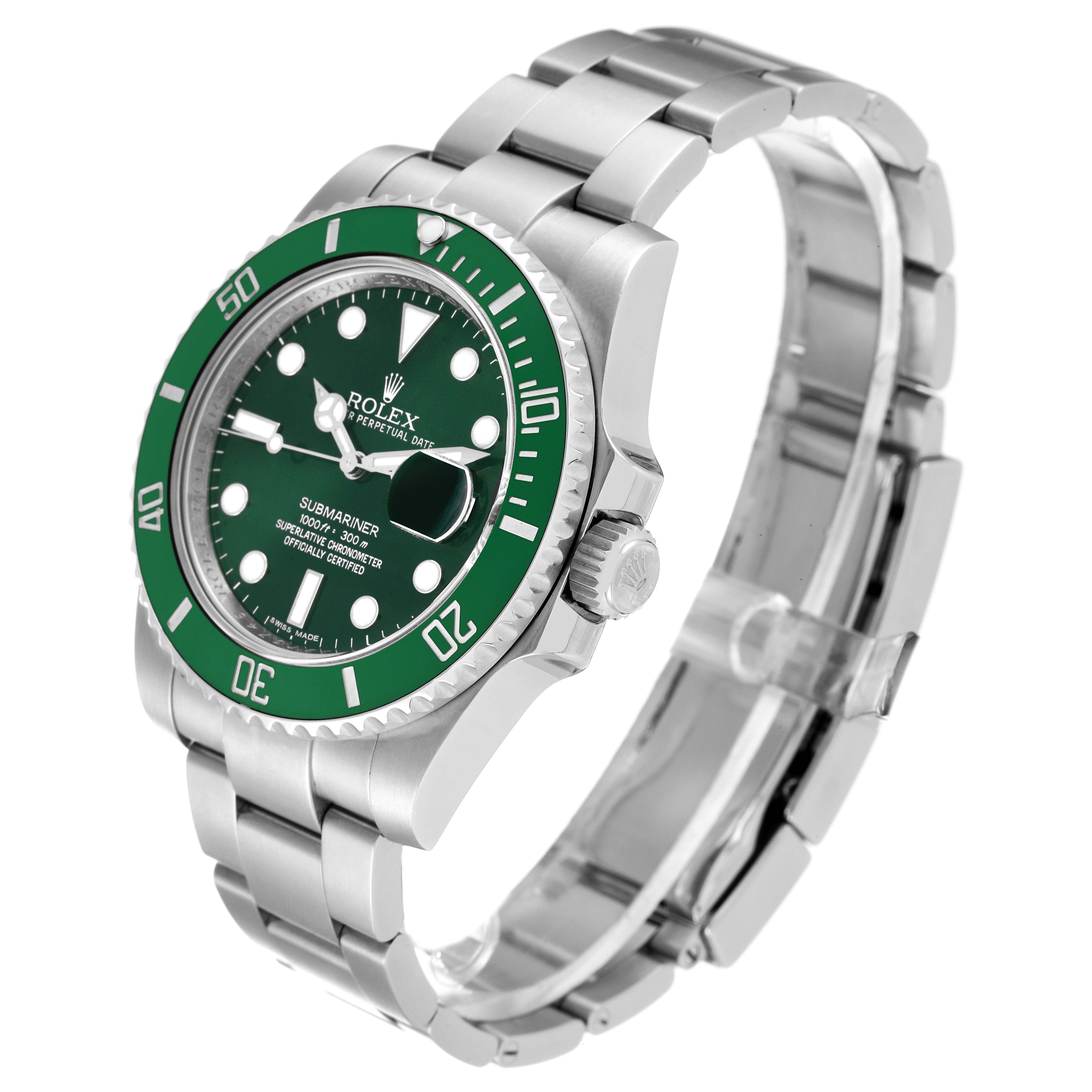 The image shows a side angle view of a Rolex Submariner 116610LV Men's Stainless Steel Green Dial 116610LV Men's Stainless Steel Green Dial watch, highlighting the dial, bezel, case, crown, and bracelet.