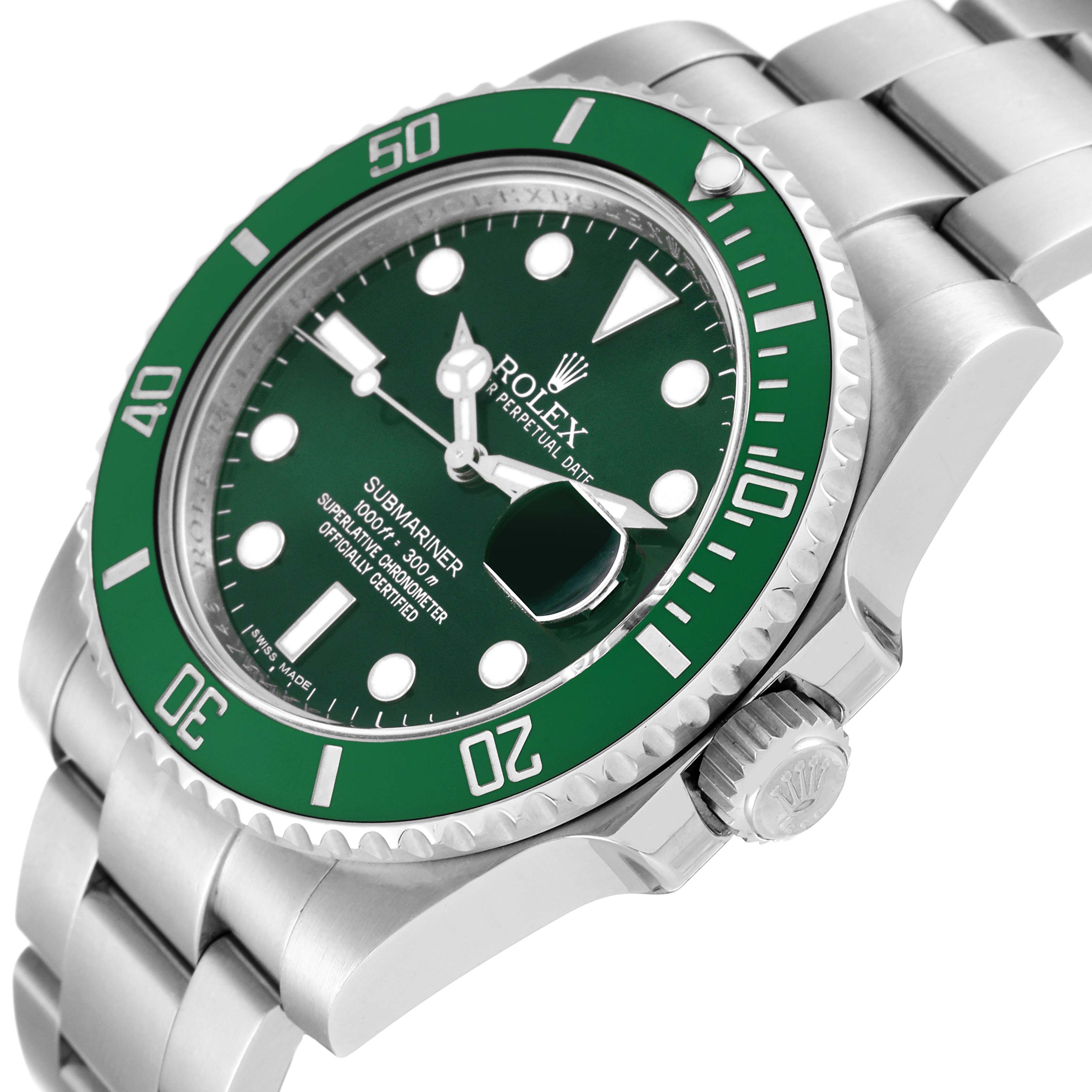 The image shows a close-up side angle of the Rolex Submariner 116610LV Men's Stainless Steel Green Dial 116610LV Men's Stainless Steel Green Dial, highlighting the bezel, crown, and part of the bracelet.