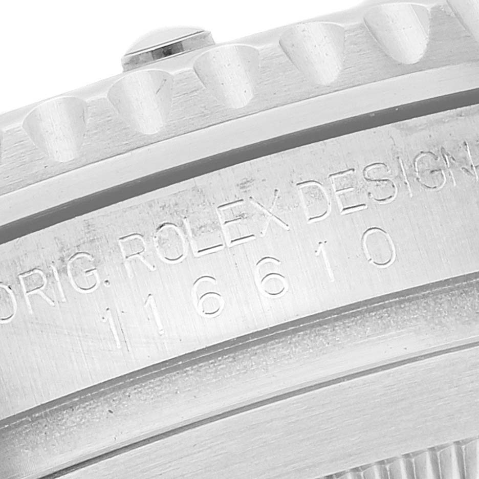 The image shows a close-up of the side of a Rolex Submariner 116610LV Men's Stainless Steel Green Dial 116610LV Men's Stainless Steel Green Dial watch with the model number engraved.