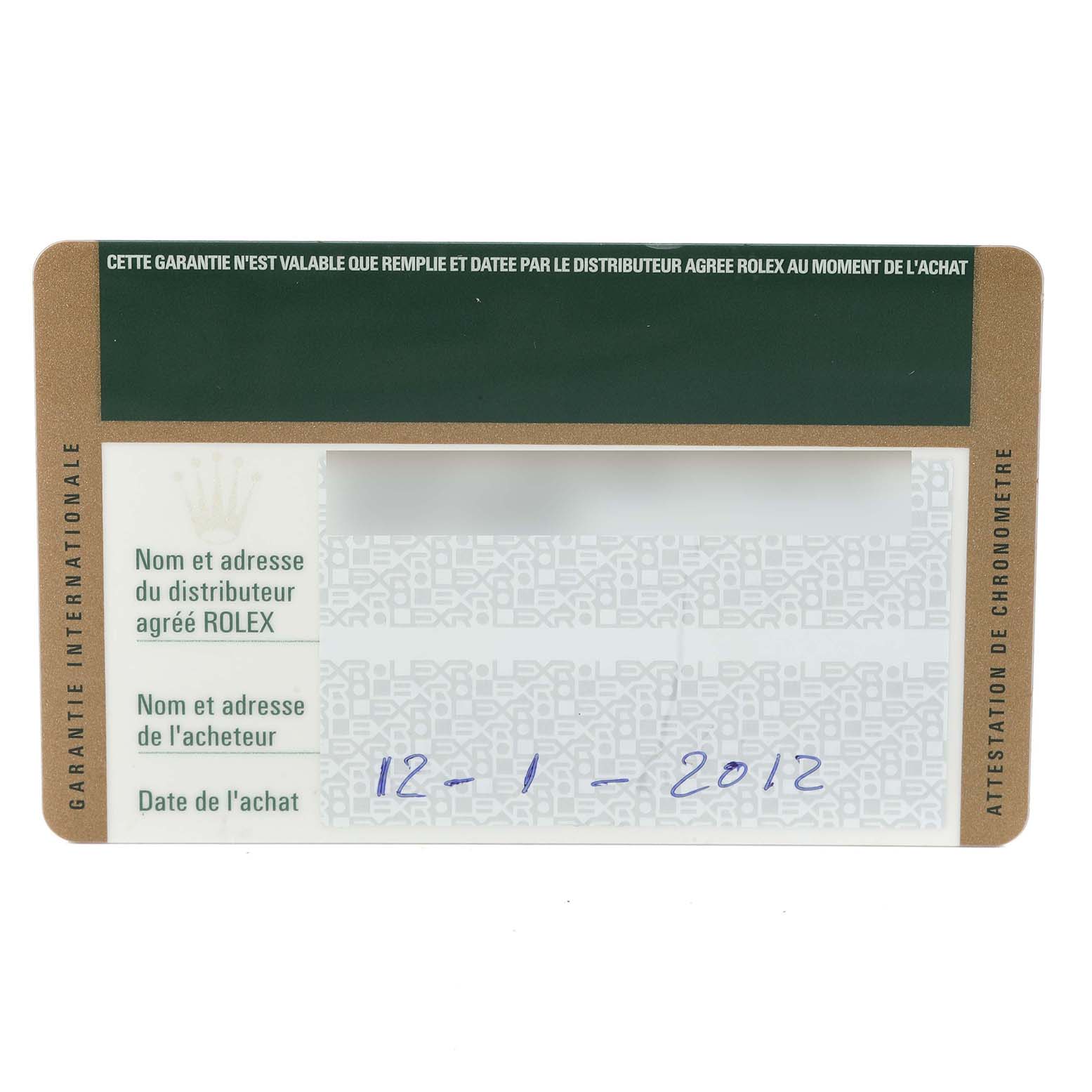 This is an image of a warranty card for the Rolex Submariner 116610LV Men's Stainless Steel Green Dial 116610LV Men's Stainless Steel Green Dial model, showing purchase date and distributor information sections.