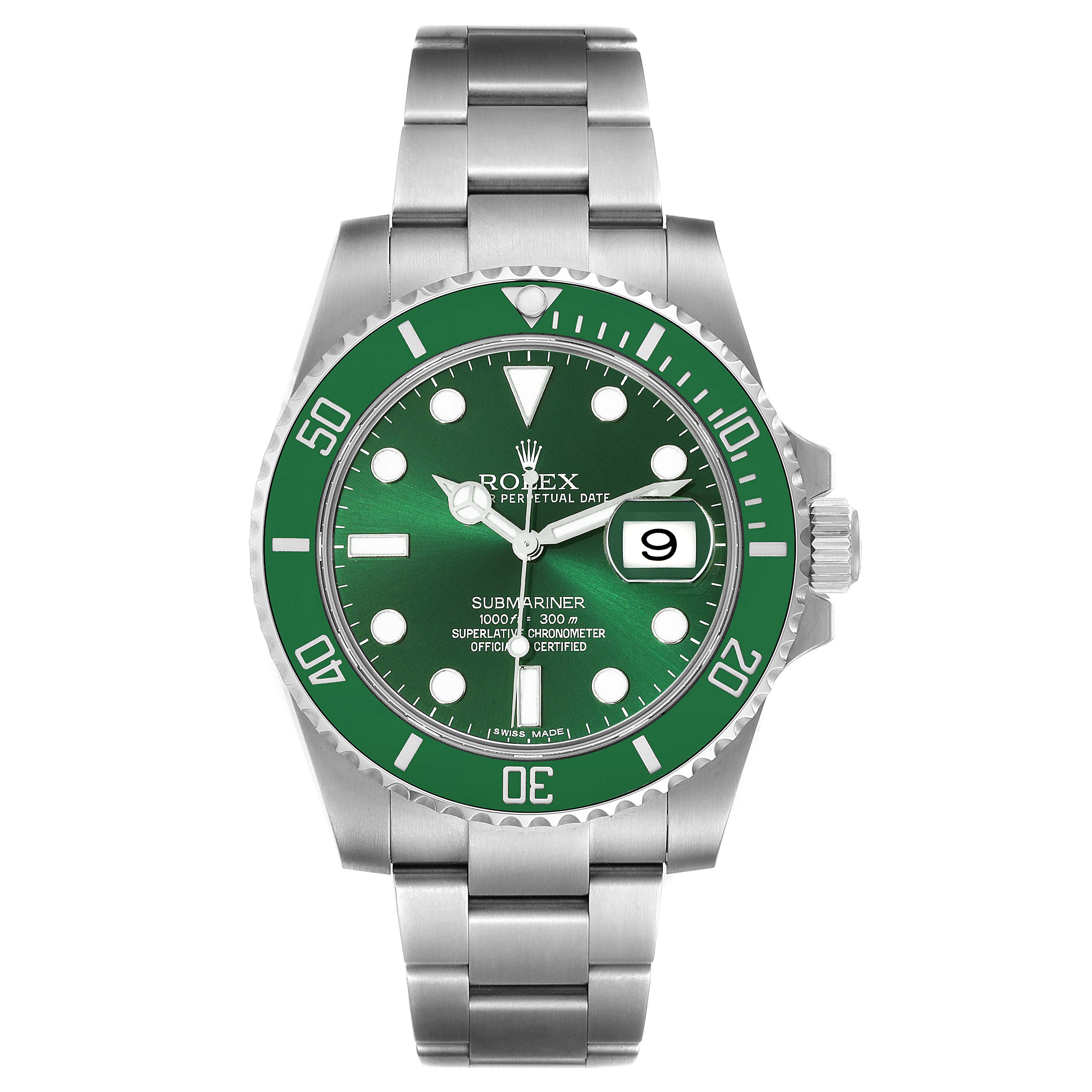 This Rolex Submariner 116610LV Men's Stainless Steel Green Dial 116610LV Men's Stainless Steel Green Dial watch is shown from a straight-on angle, displaying its green dial, bezel, and stainless steel bracelet.