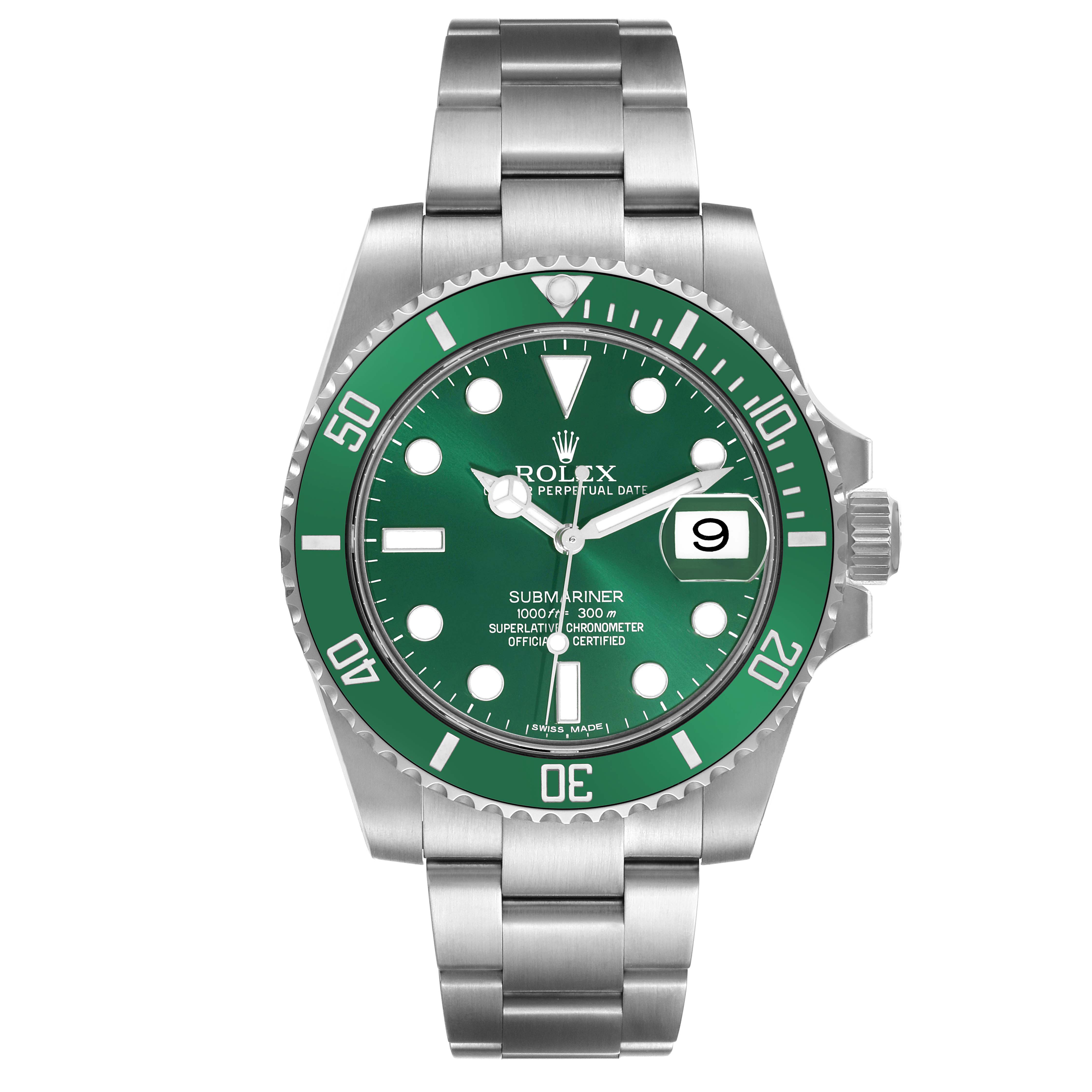 The Rolex Submariner 116610LV Men's Stainless Steel Green Dial 116610LV Men's Stainless Steel Green Dial watch is shown from a front angle, highlighting its green dial, bezel, and stainless steel bracelet.
