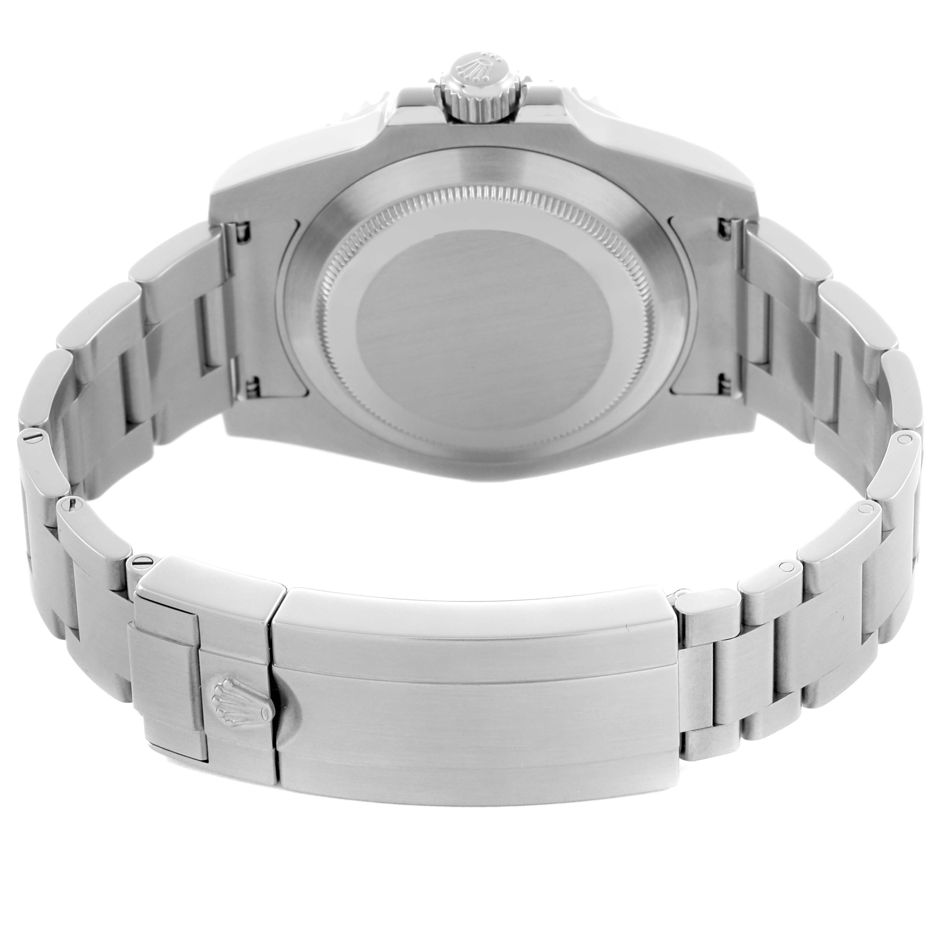 The image shows the back of the Rolex Submariner 116610LV Men's Stainless Steel Green Dial 116610LV Men's Stainless Steel Green Dial watch, focusing on the case back, bracelet, and clasp.