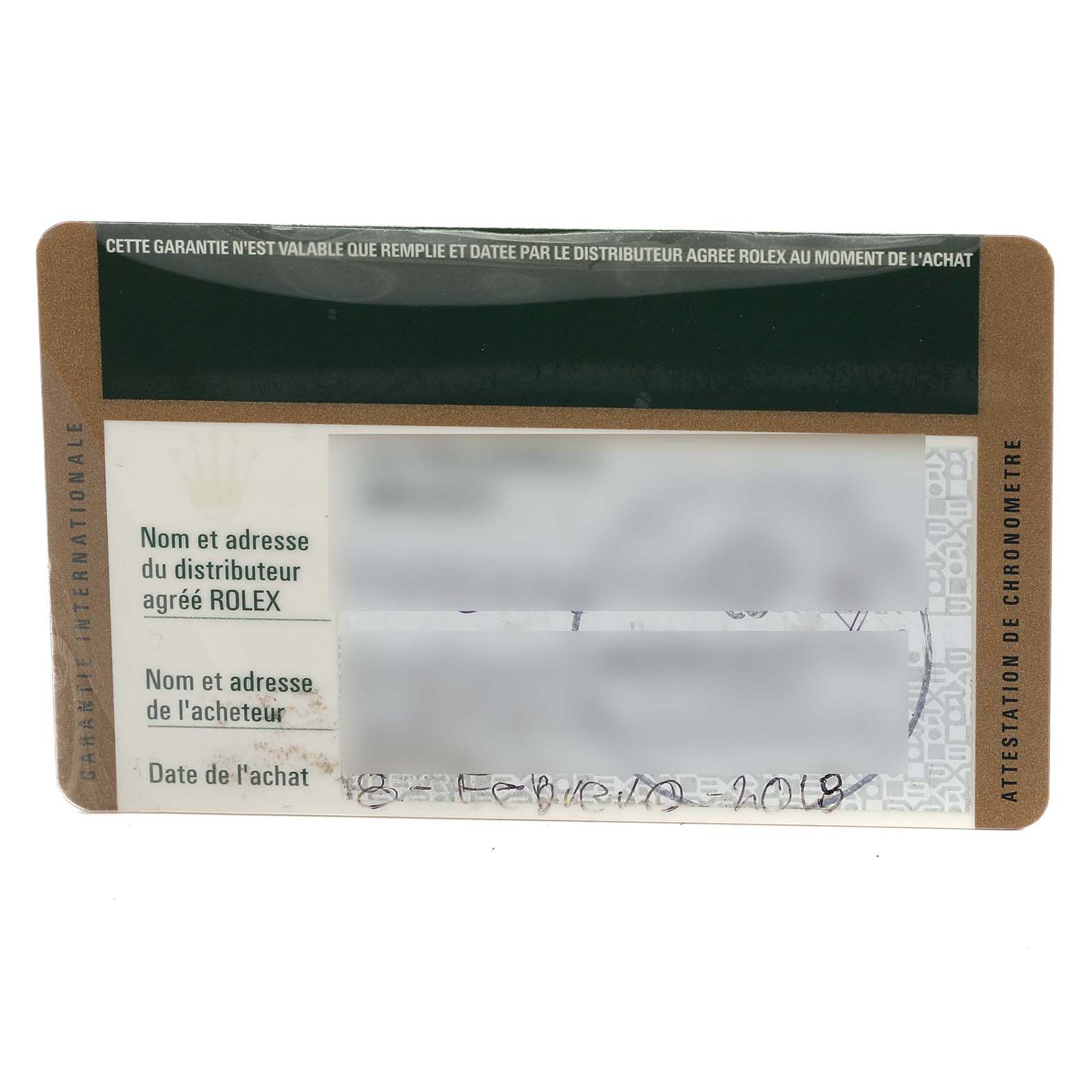 The image shows the warranty card for a Rolex Submariner 116610LV Men's Stainless Steel Green Dial 116610LV Men's Stainless Steel Green Dial, with details obscured and a purchase date visible.