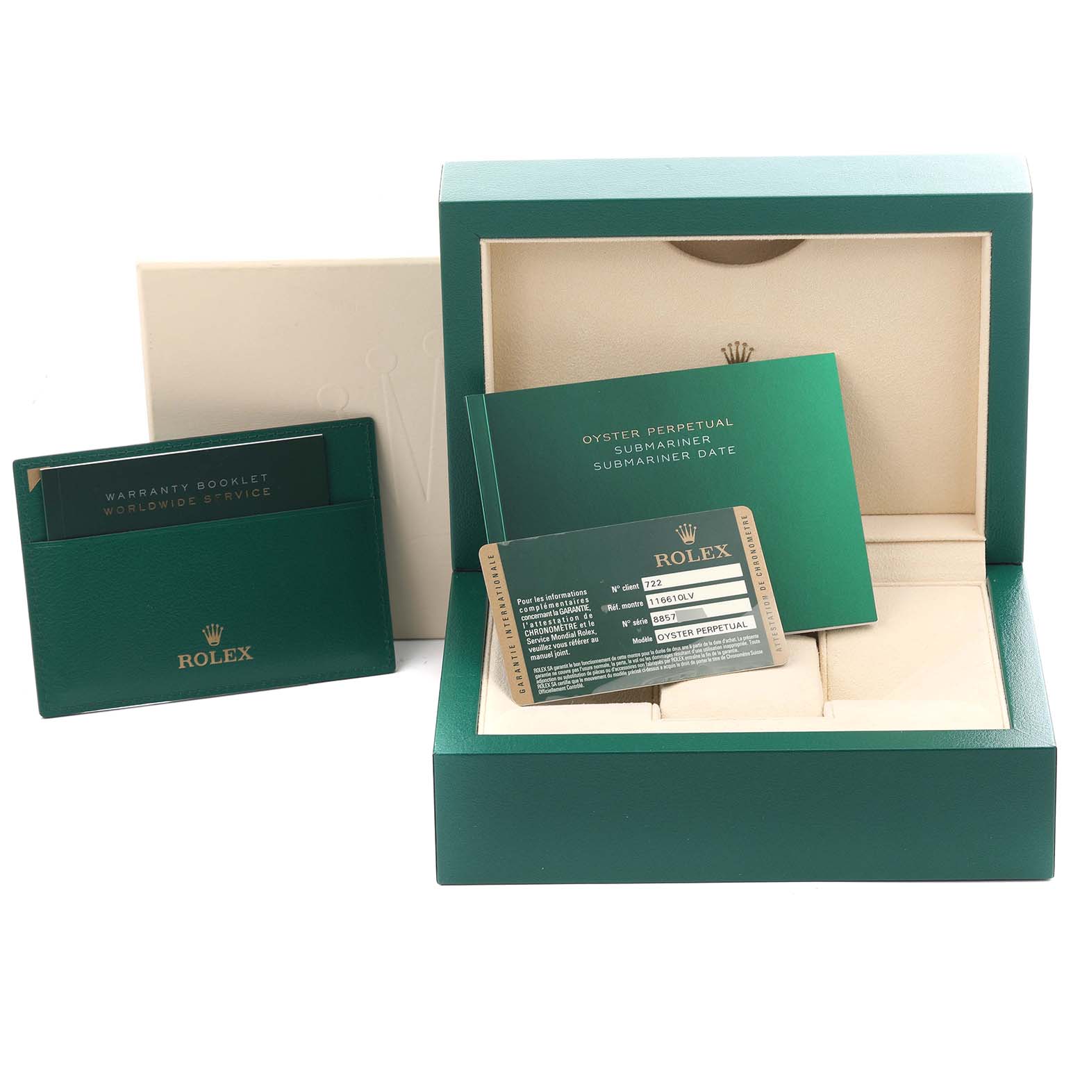 The image shows the packaging and documents for a Rolex Submariner 116610LV Men's Stainless Steel Green Dial 116610LV Men's Stainless Steel Green Dial, including a green box, warranty booklet, and card.