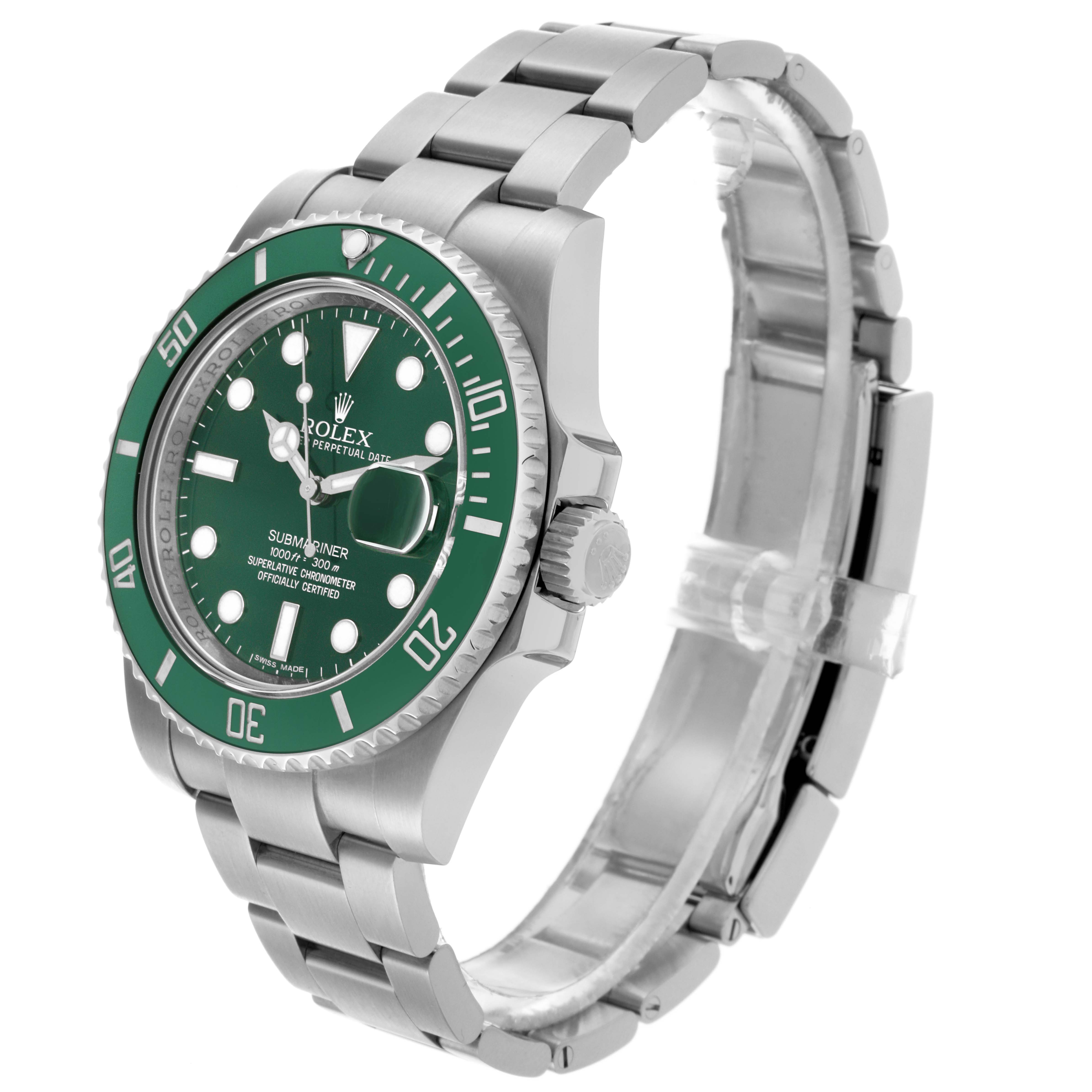 The Rolex Submariner 116610LV Men's Stainless Steel Green Dial 116610LV Men's Stainless Steel Green Dial watch is shown at a three-quarter angle, displaying the face, bezel, crown, and part of the bracelet.