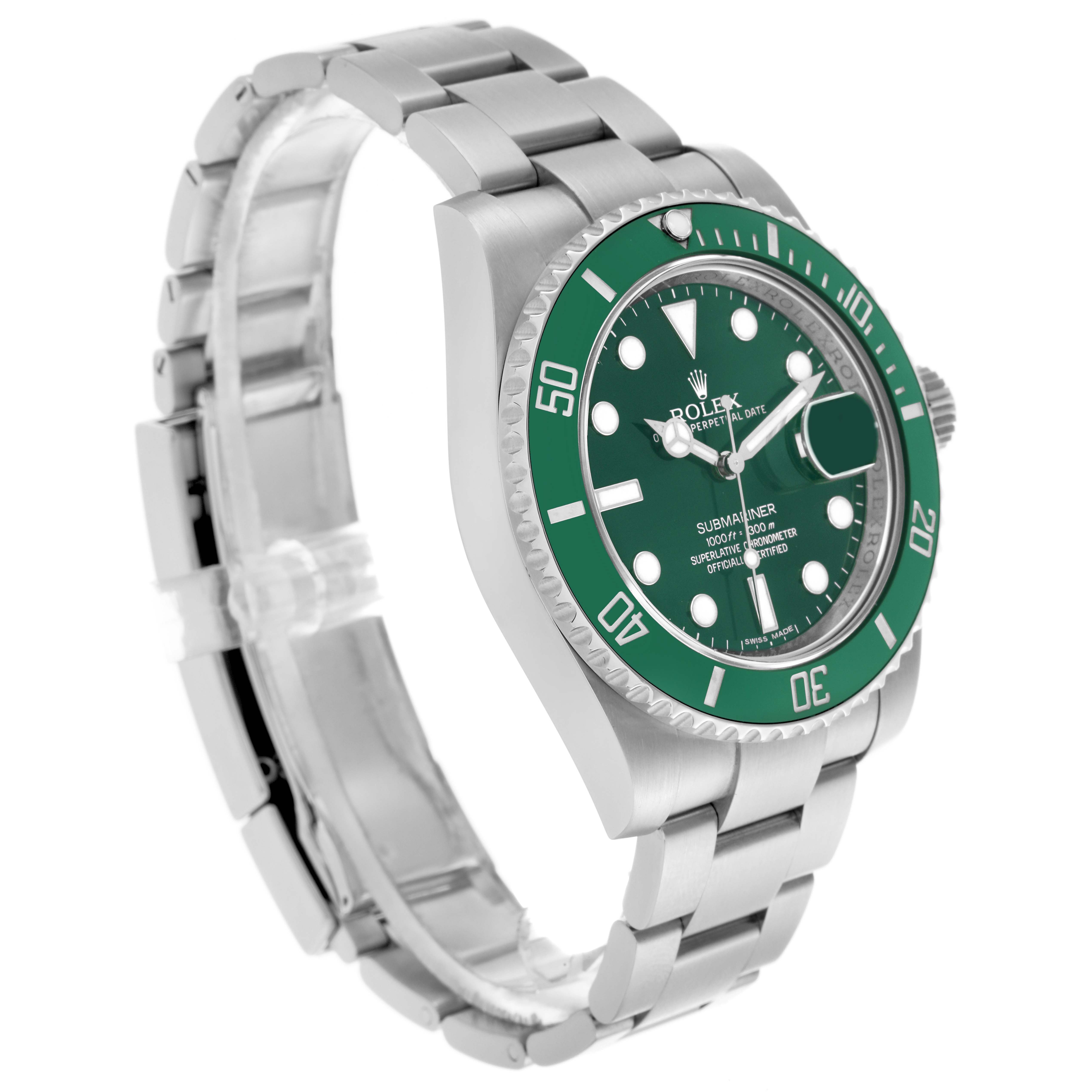 The Rolex Submariner 116610LV Men's Stainless Steel Green Dial 116610LV Men's Stainless Steel Green Dial watch is shown from a side angle, displaying the green bezel, dial, case, and bracelet.