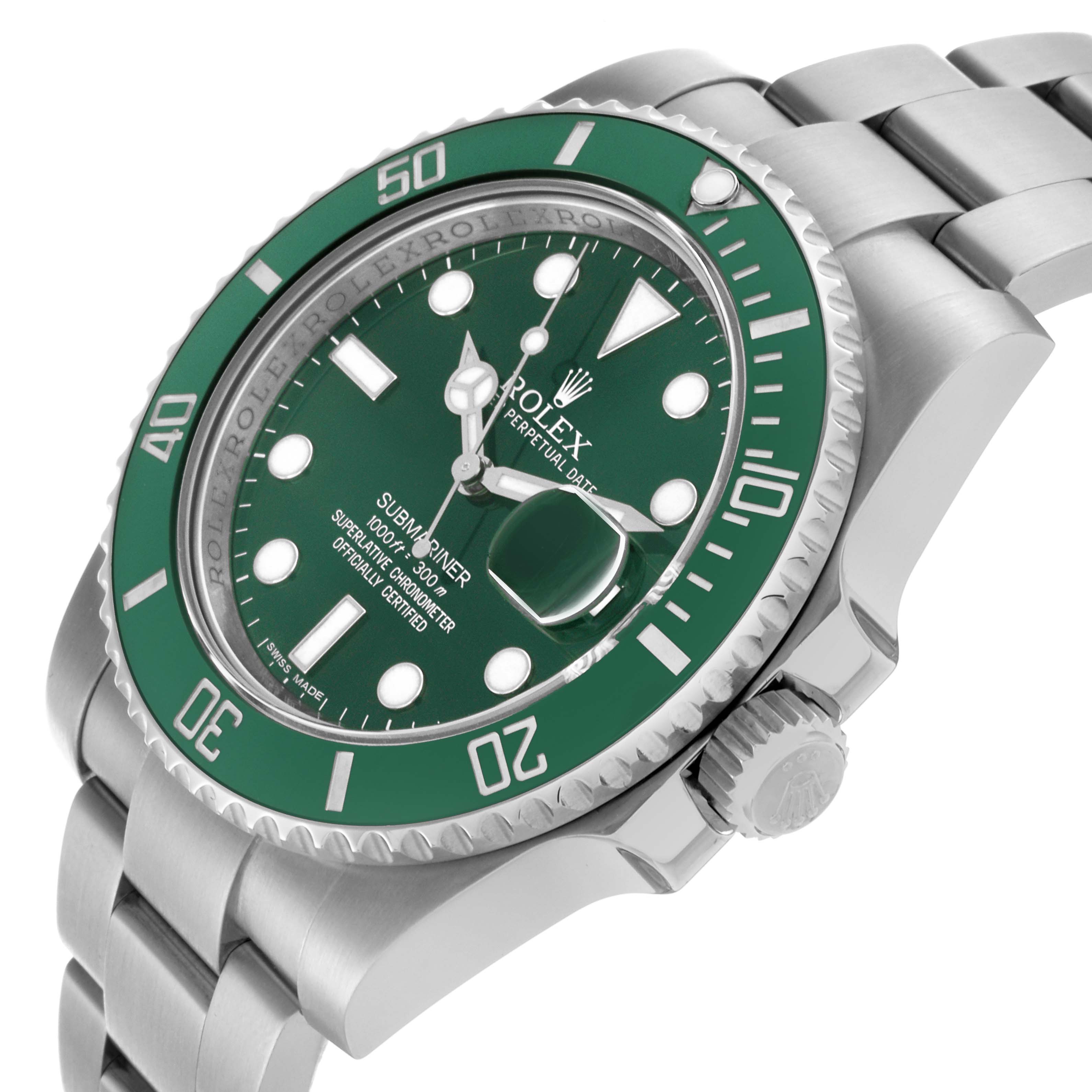 The Rolex Submariner 116610LV Men's Stainless Steel Green Dial 116610LV Men's Stainless Steel Green Dial watch is shown at a slight angle, highlighting the green bezel, dial, date window, and crown.