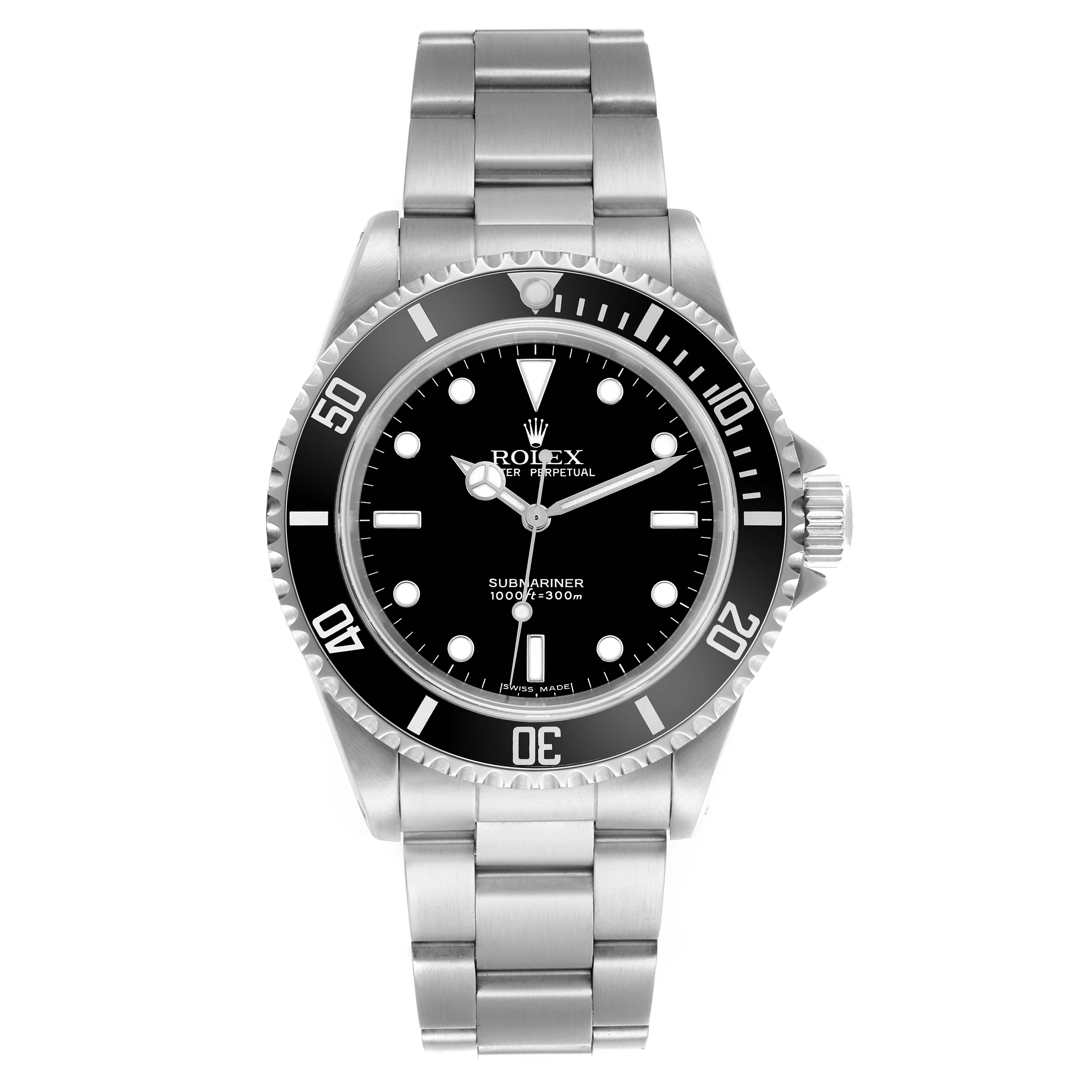 The Rolex Submariner 14060M Men's Stainless Steel Black Dial 14060M Men's Stainless Steel Black Dial watch is shown from a top-down angle, featuring its dial, bezel, and bracelet.